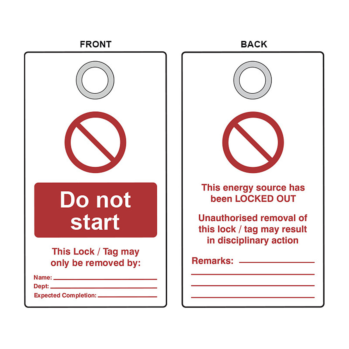 Lockout Tags With Eyelets, Lockout Tags With Eyelets, Do Not Start' Lockout Tag With Eyelet | Red/White | Pack Of 10-2