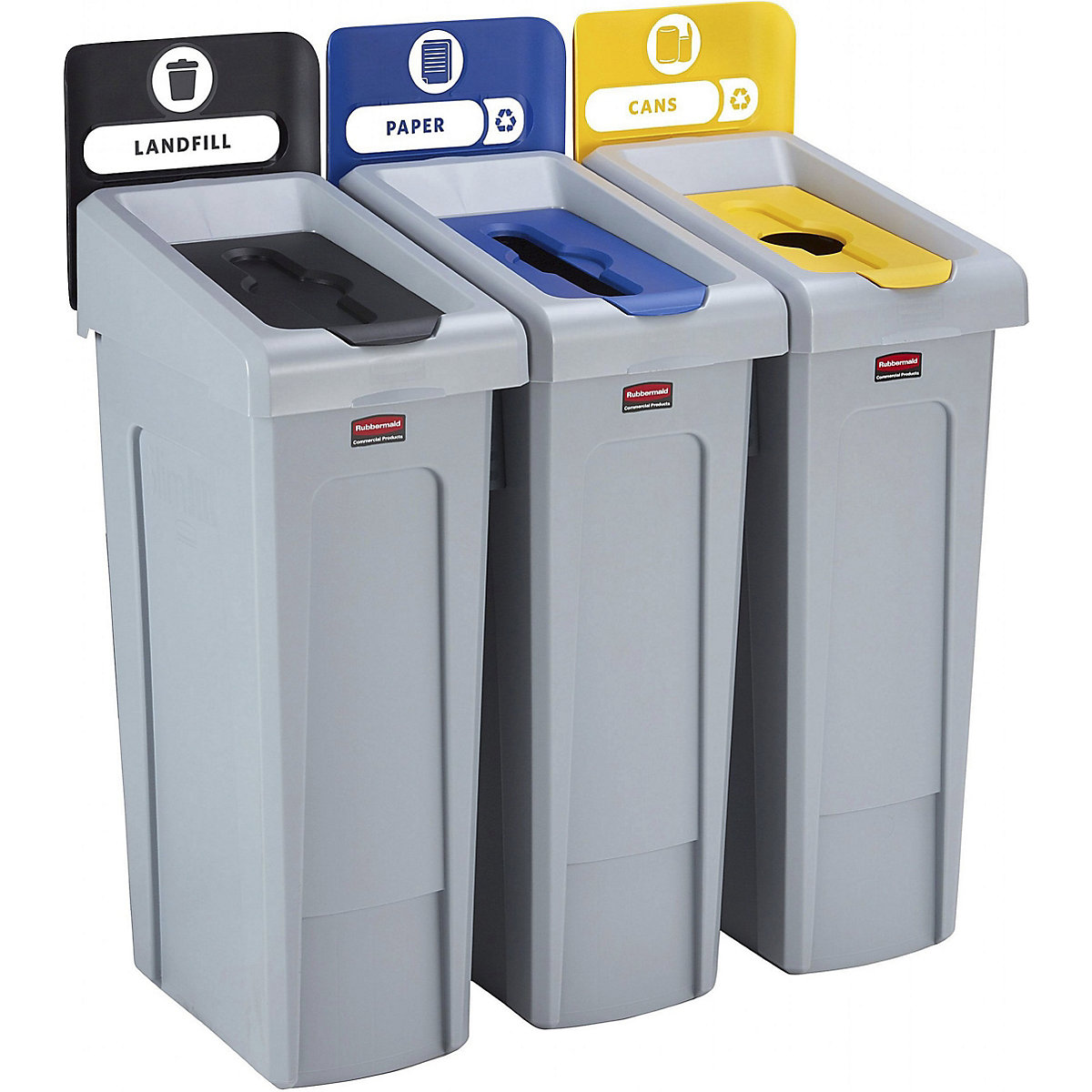 Rubbermaid Slim Jim Recycling Stations, Rubbermaid Slim Jim Recycling Stations, Rubbermaid Slim Jim Recycling Station 3 Stream Bin Kit | Black Landfill Closed Lid | Blue Paper Lid | Yellow Bottle/Can Lid-2