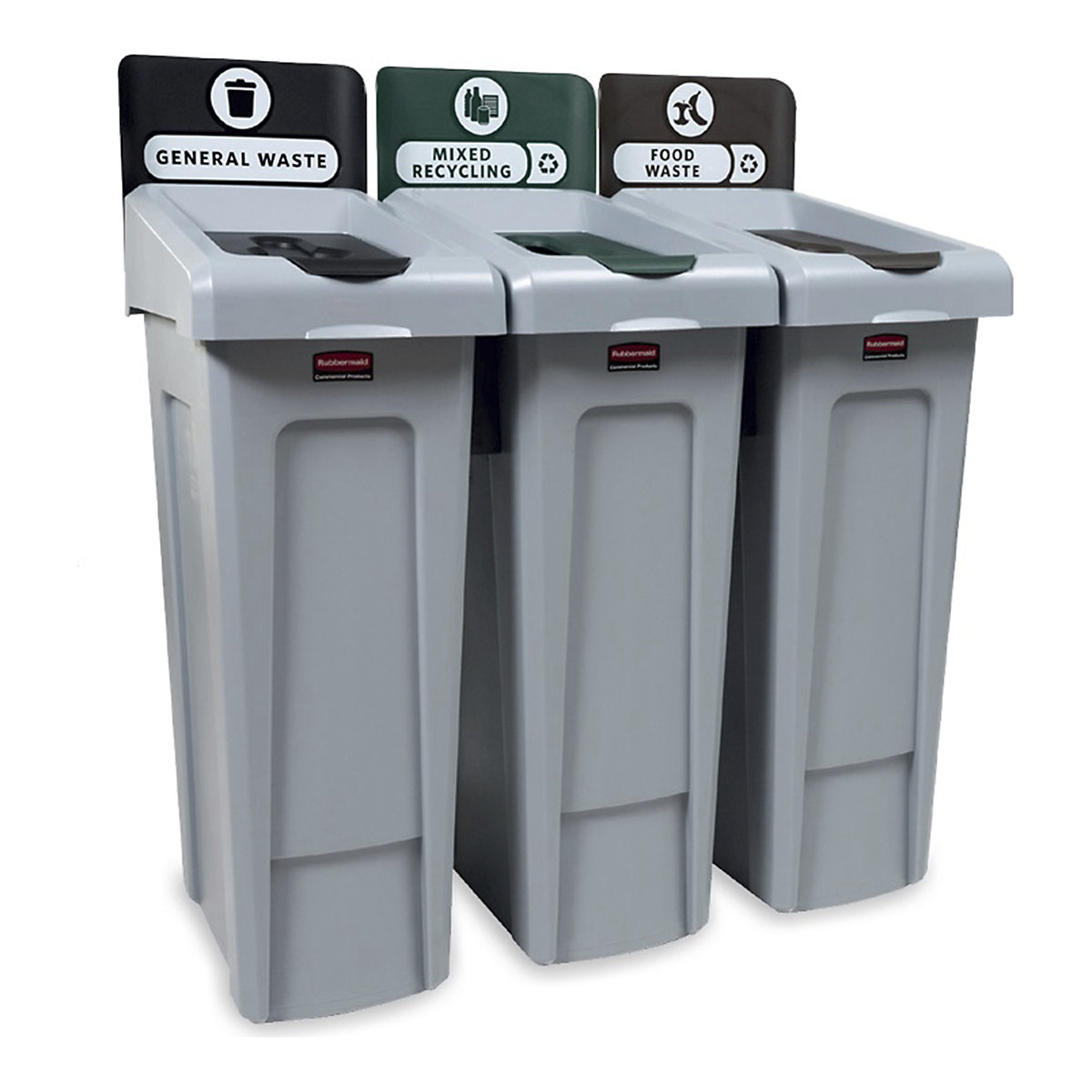 Rubbermaid Slim Jim Recycling Stations, Rubbermaid Slim Jim Recycling Stations, Rubbermaid Slim Jim Recycling Station 3 Stream | Black General Waste | Green Mixed Recycling | Brown Food Waste-1