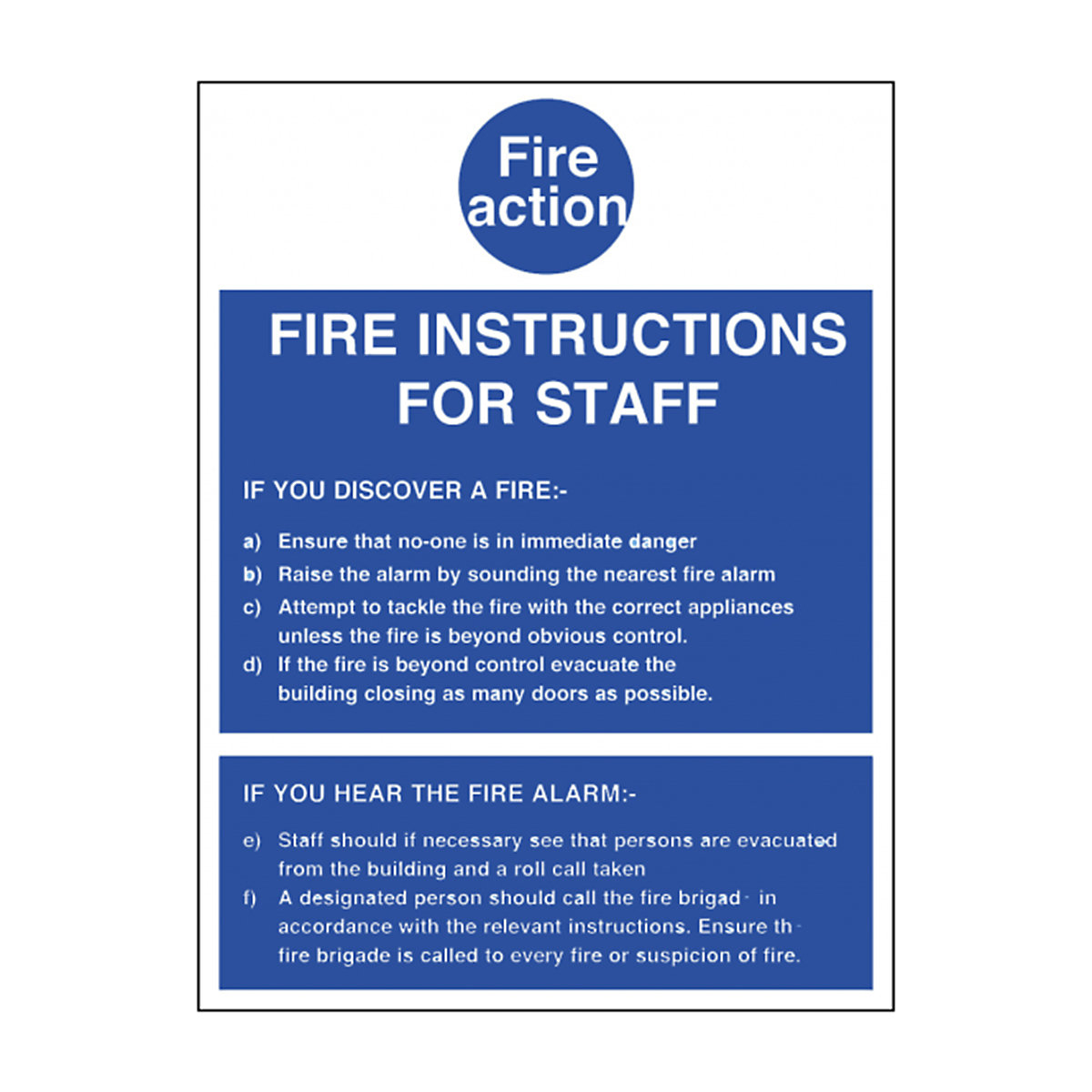 Fire Instructions To Staff Safety Signs