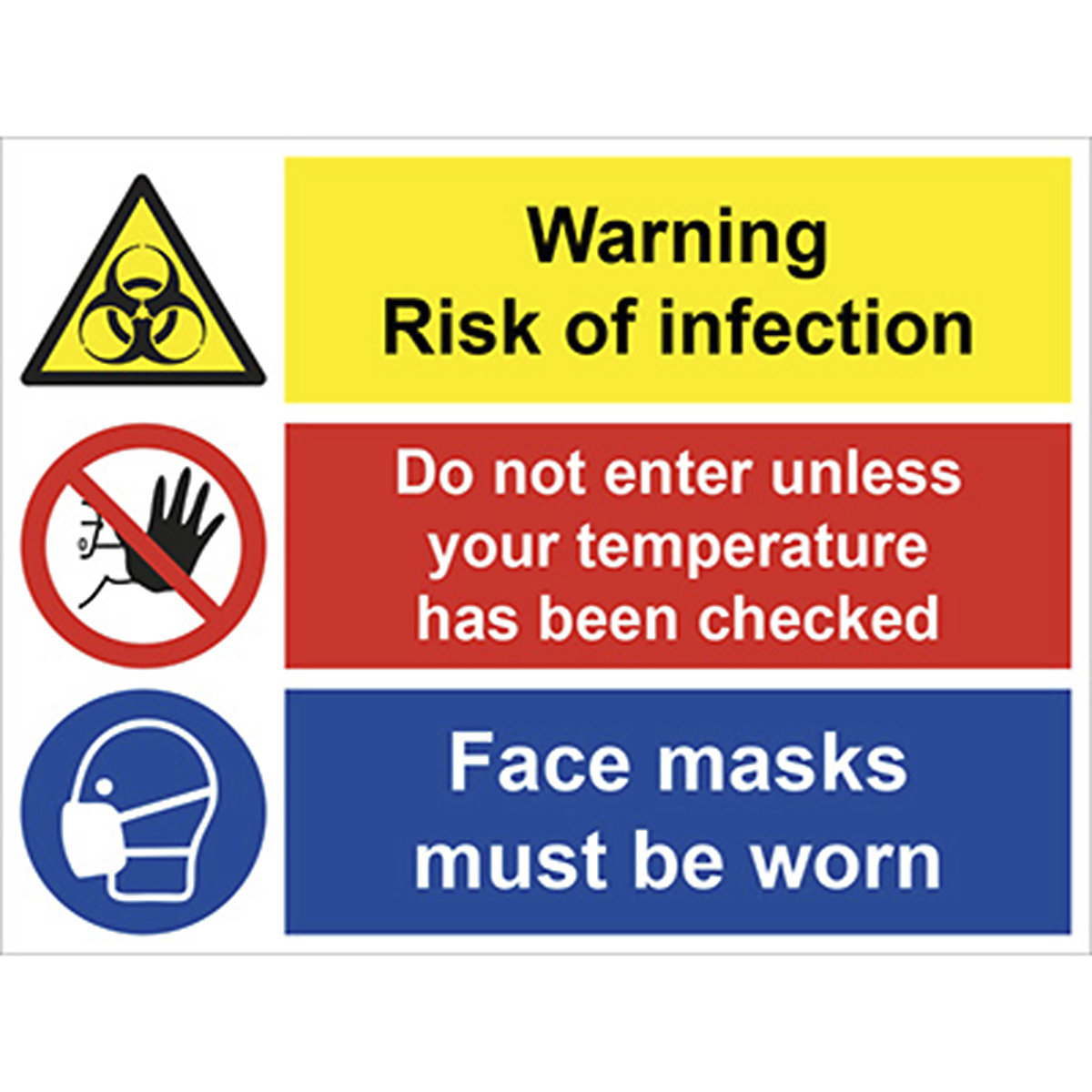 Warning Risk Of Infection, Temperature Check, Face Masks Must Be Worn Safety Sign