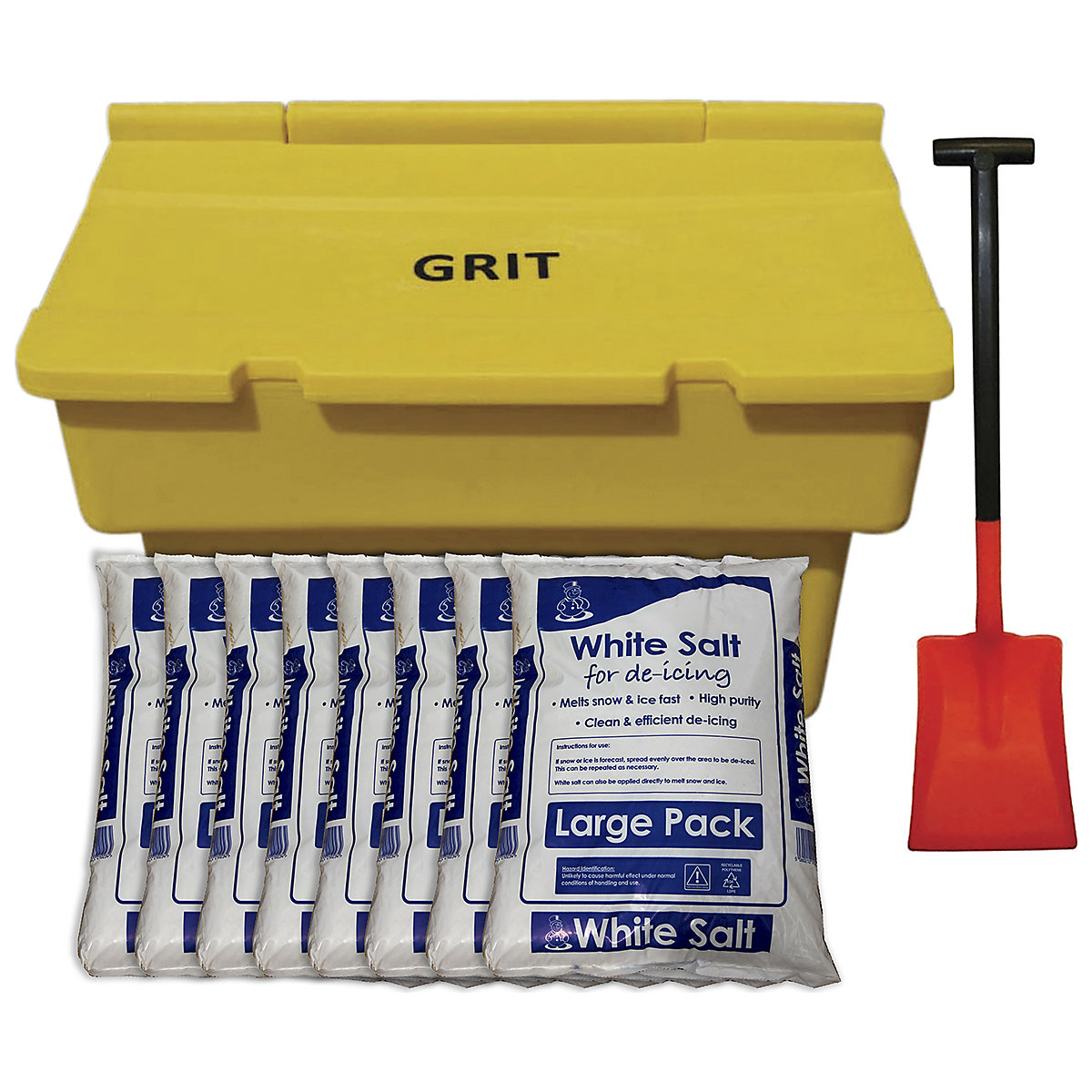200L Stackable Salt Bin With Bags Of De-Icing Salt And Grit Shovel | 8 x 25kg Bags