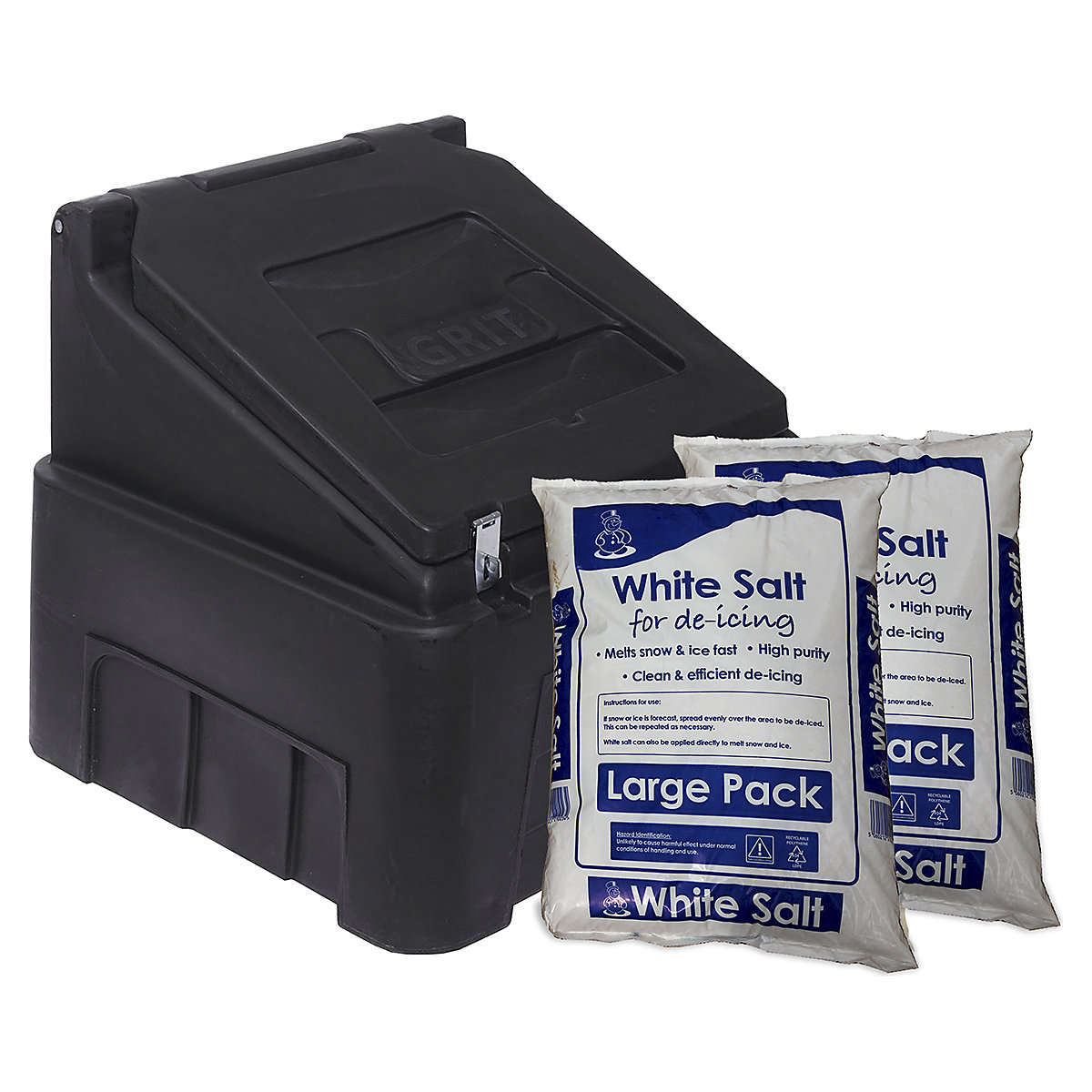 Recycled Heavy Duty 200L Salt Bin With Bags Of De-Icing Salt | 8 x 25kg Bags