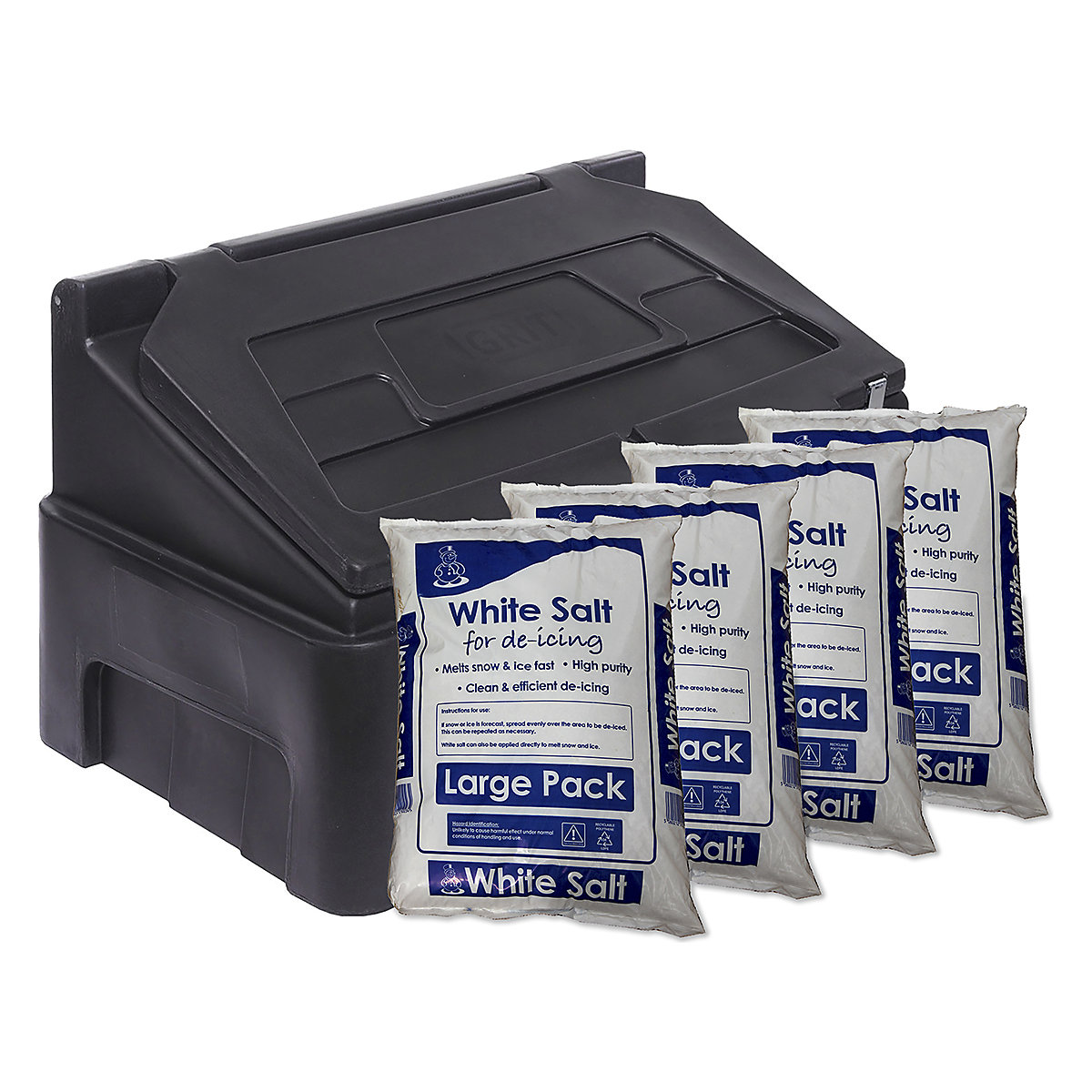 Recycled Heavy Duty 400L Grit And Salt Bin With Bags Of De-Icing Salt | 16 x 25kg Bags