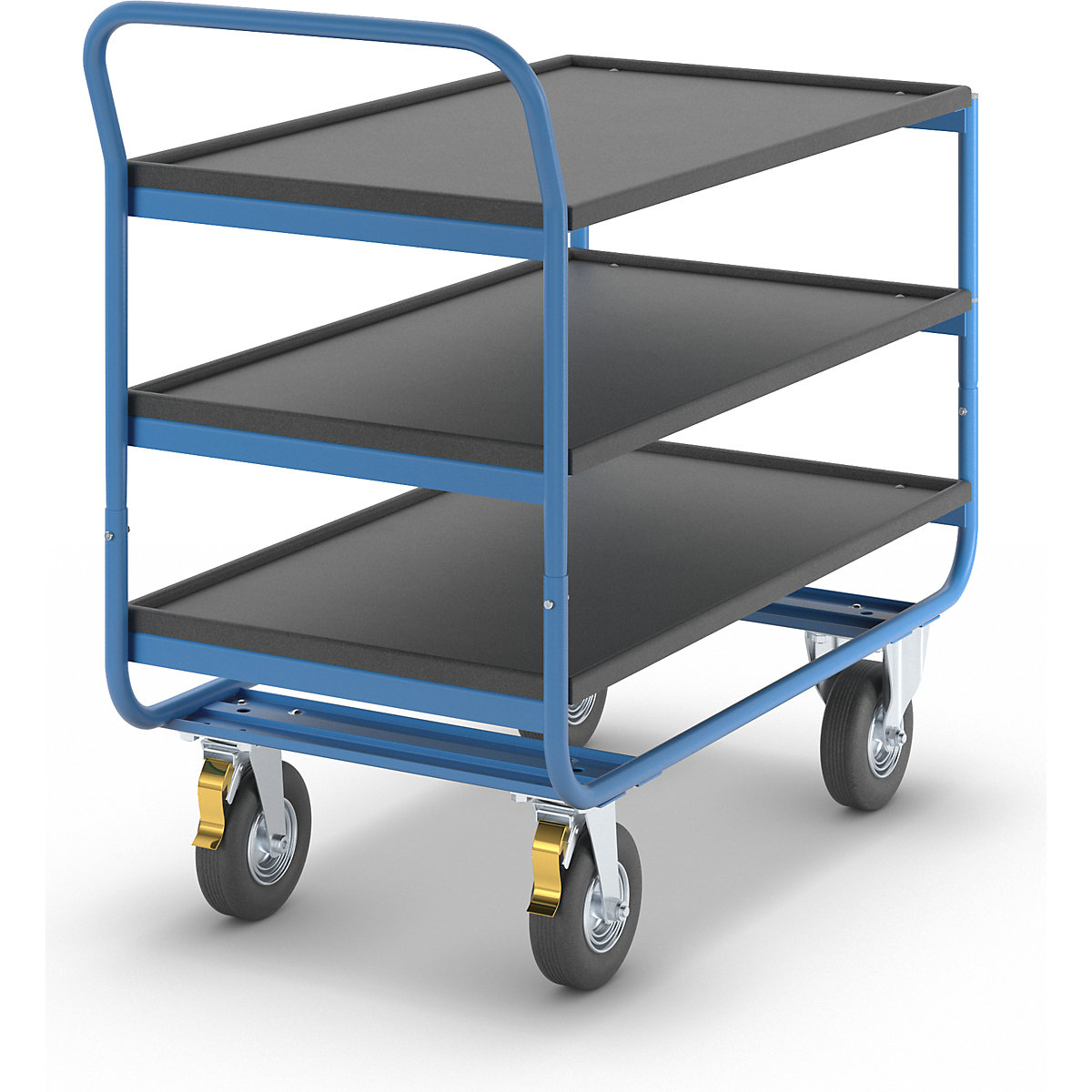 Stolový vozík, nosnosť 150 kg – eurokraft pro, 3 ložné plochy so záchytným okrajom, pneumatiky-1