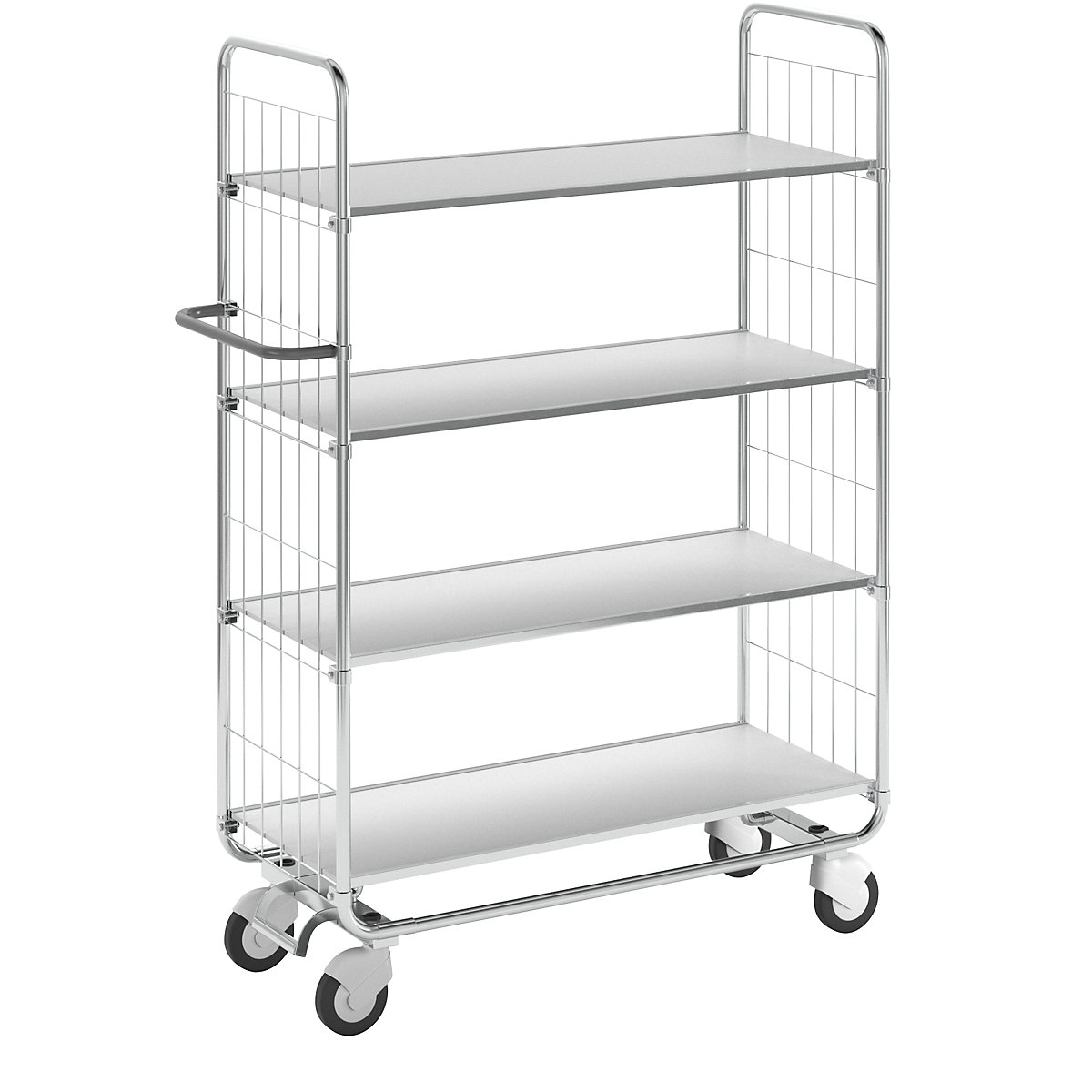 Pozinkovaný policový vozík – Kongamek, 4 police, d x š x v 1195 x 470 x 1590 mm, 4 kolieska, 2 so zaistením-6