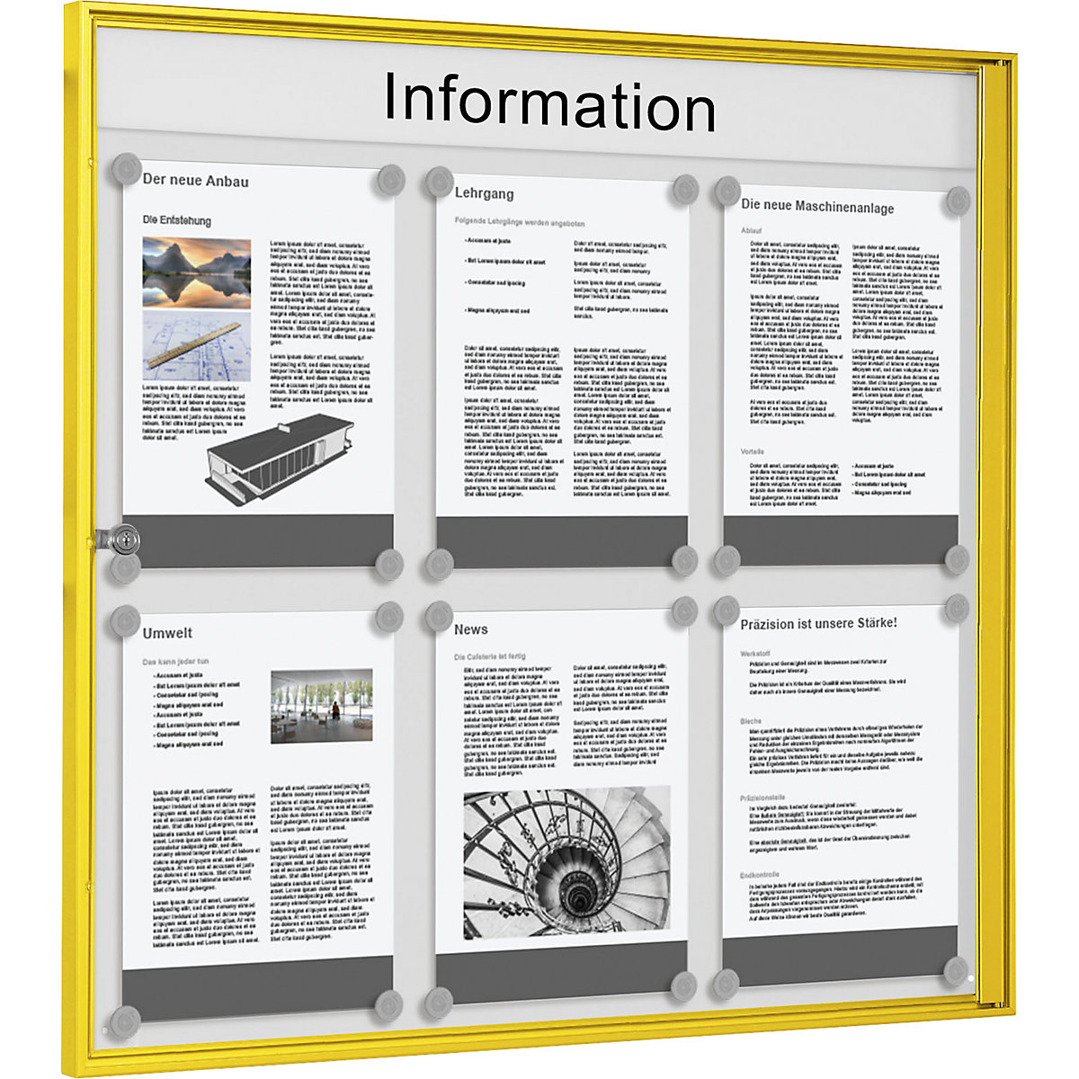Vitrinekast voor binnen, voor formaat 3 x 2 A4, frame geel-4