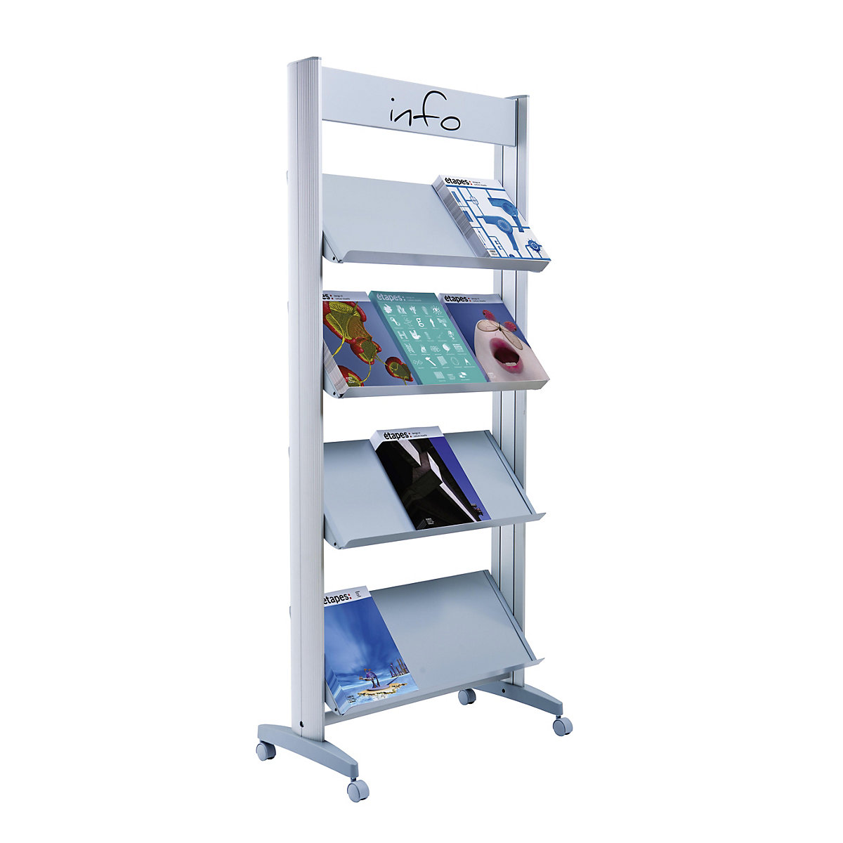 Mobile metal brochure display stand, with metal shelves, width 720 mm-5