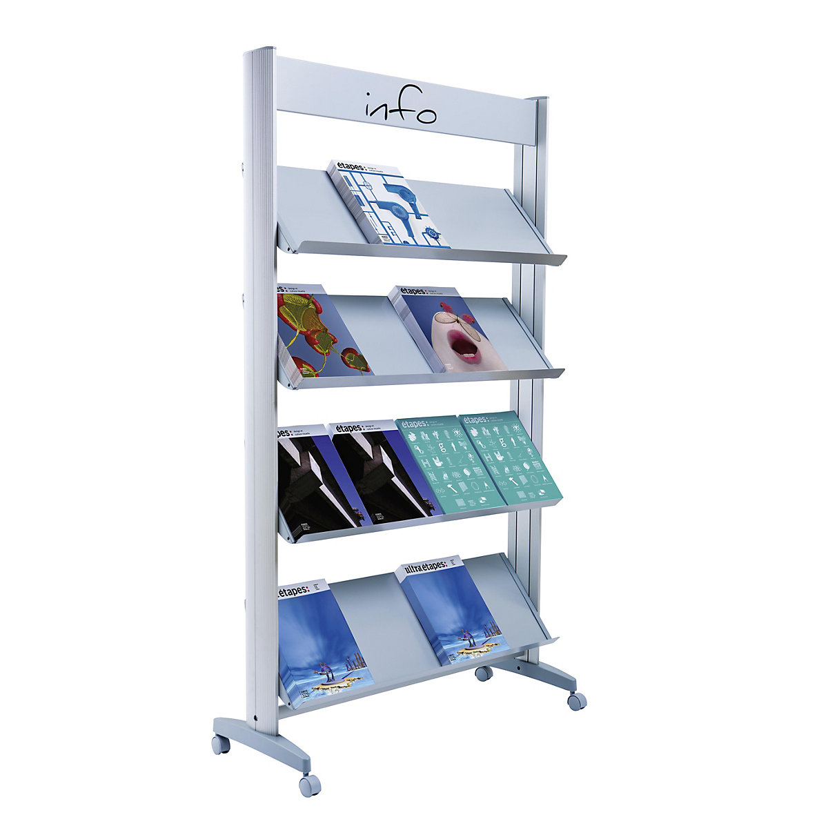 Mobile metal brochure display stand, with metal shelves, width 940 mm-6