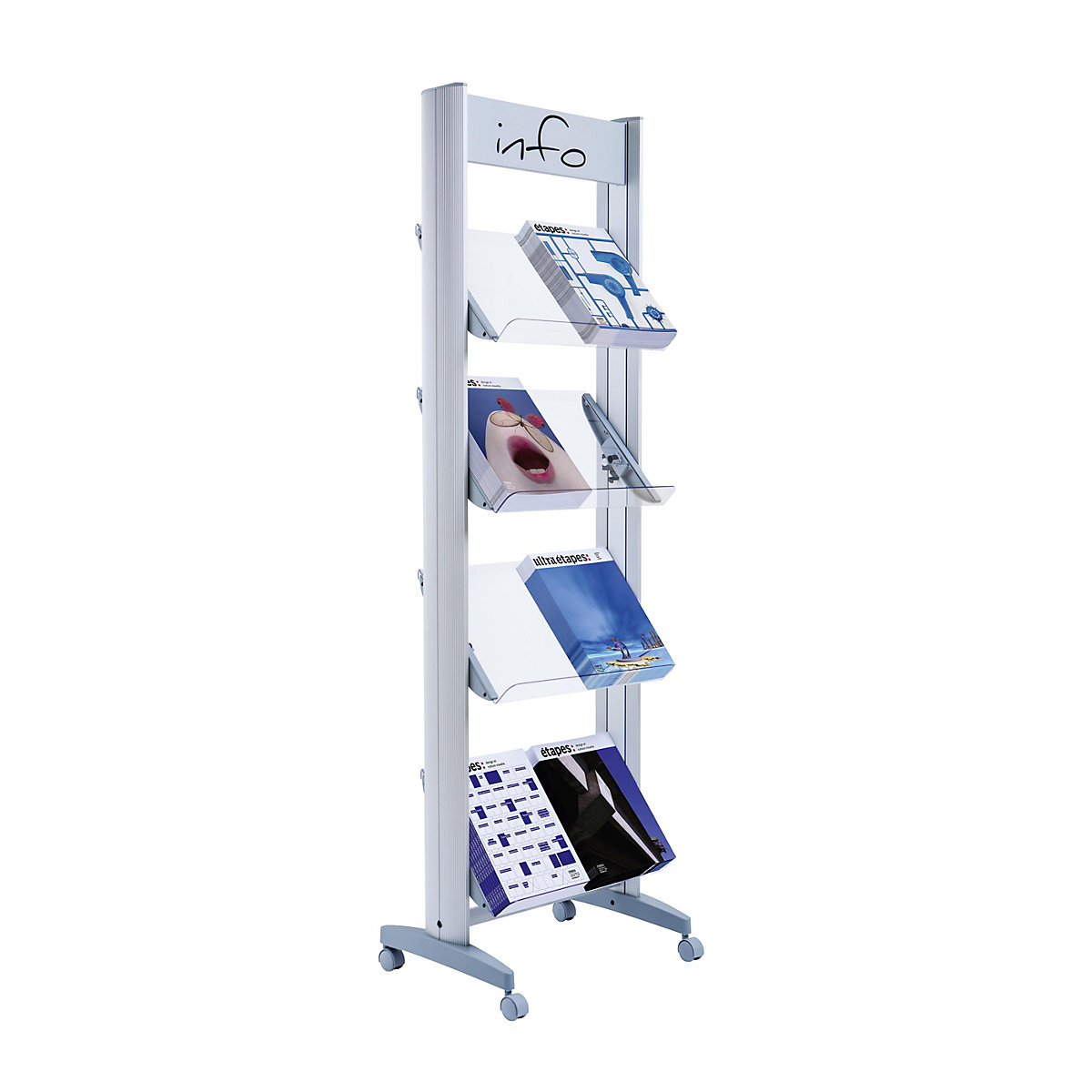 Mobile metal brochure display stand, with Plexiglas shelves, width 500 mm-6