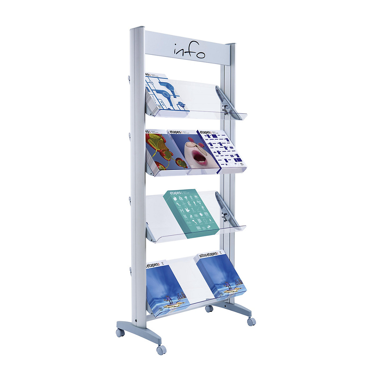 Mobile metal brochure display stand, with Plexiglas shelves, width 720 mm-7