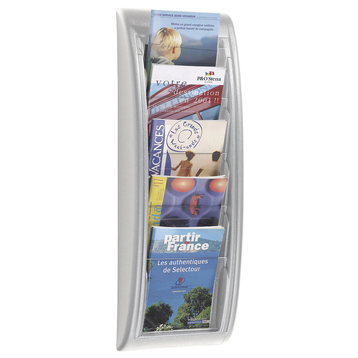 Wall mounted brochure racks, 5 compartments for size A5, aluminium silver, pack of 2-7