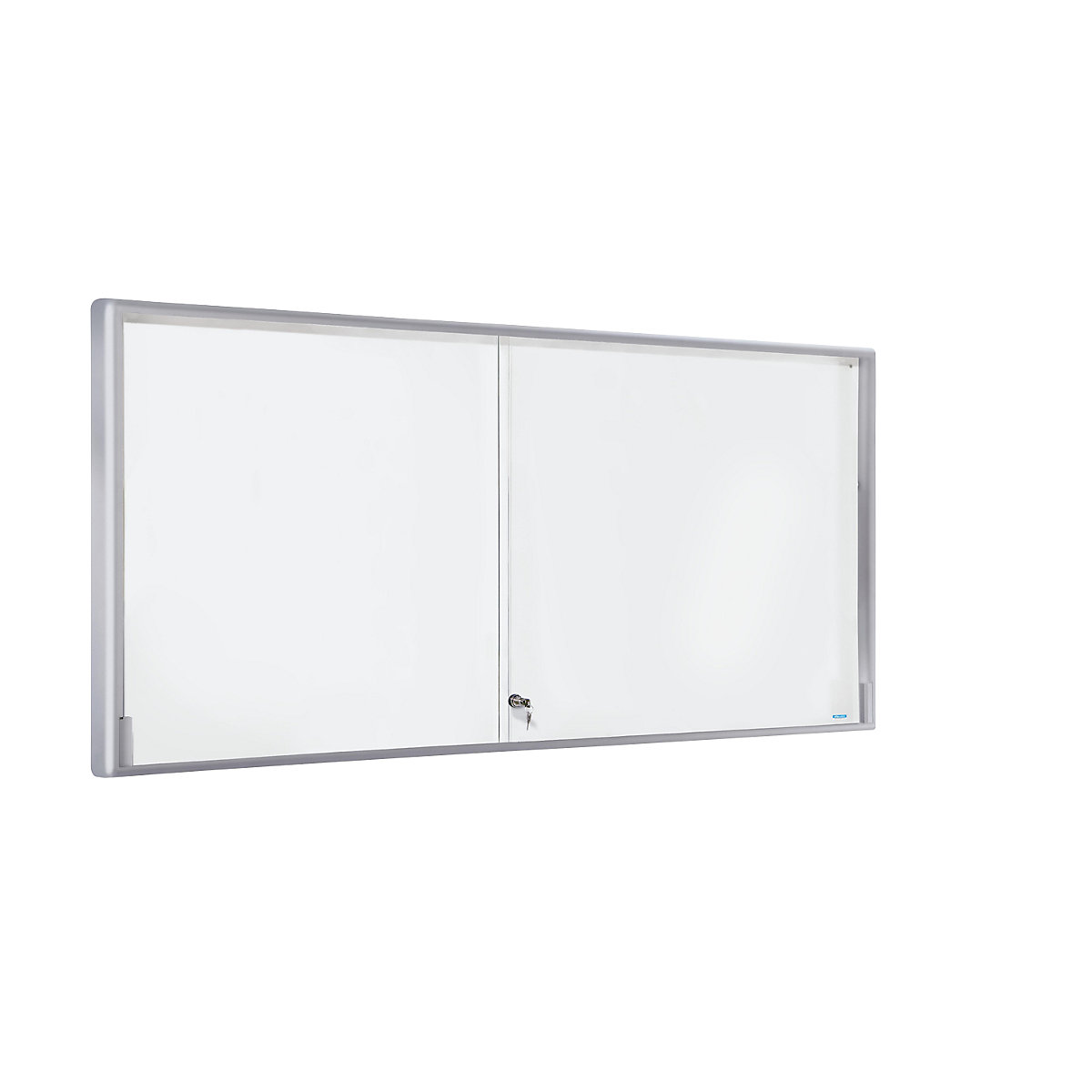 Display case, aluminium frame, sliding doors – eurokraft pro, 27 x A4, WxHxD 1970 x 970 x 50 mm, round frame corners-4