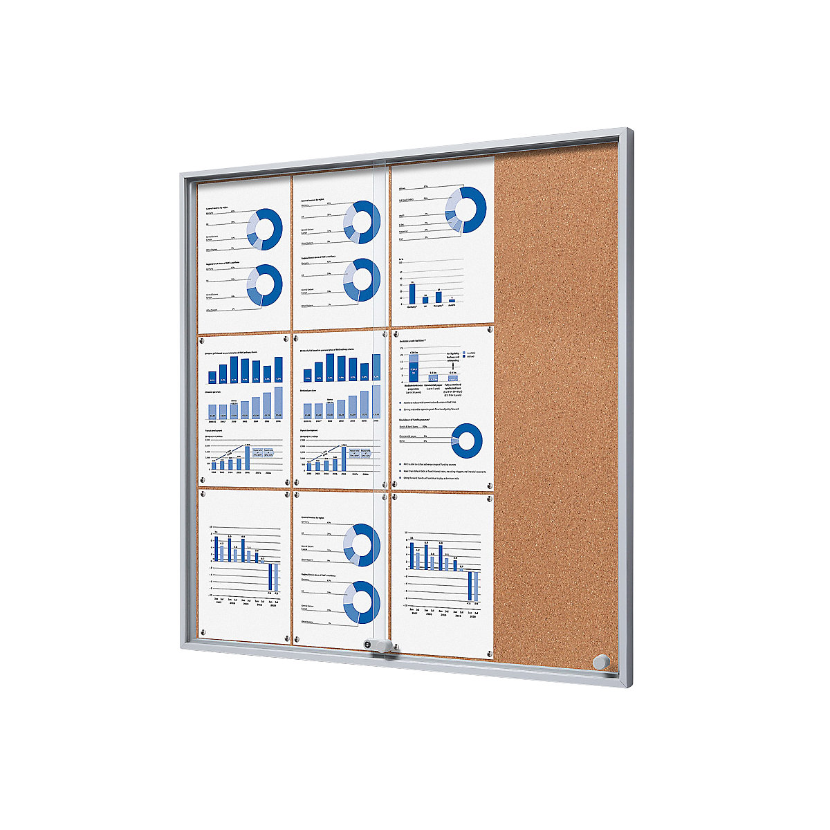 Display case with sliding doors – eurokraft pro, external WxHxD 906 x 947 x 50 mm, cork rear panel-2