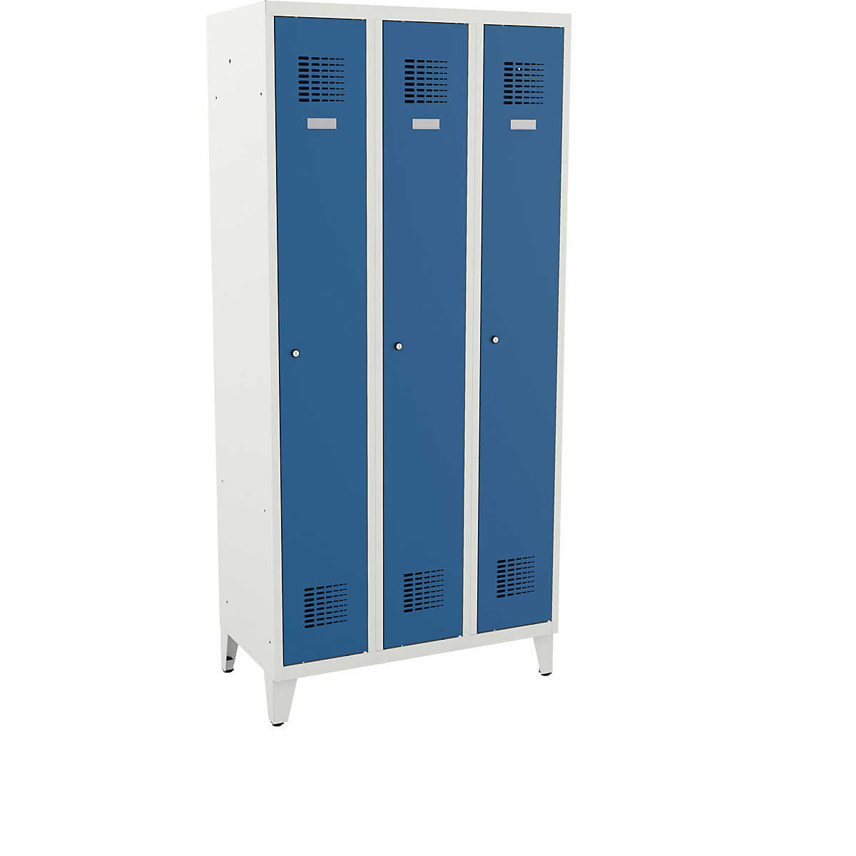 Úzka skrinka Suwalki, 3 boxy, svetlošedá / svetlomodrá, š 900 mm, s nohami-1