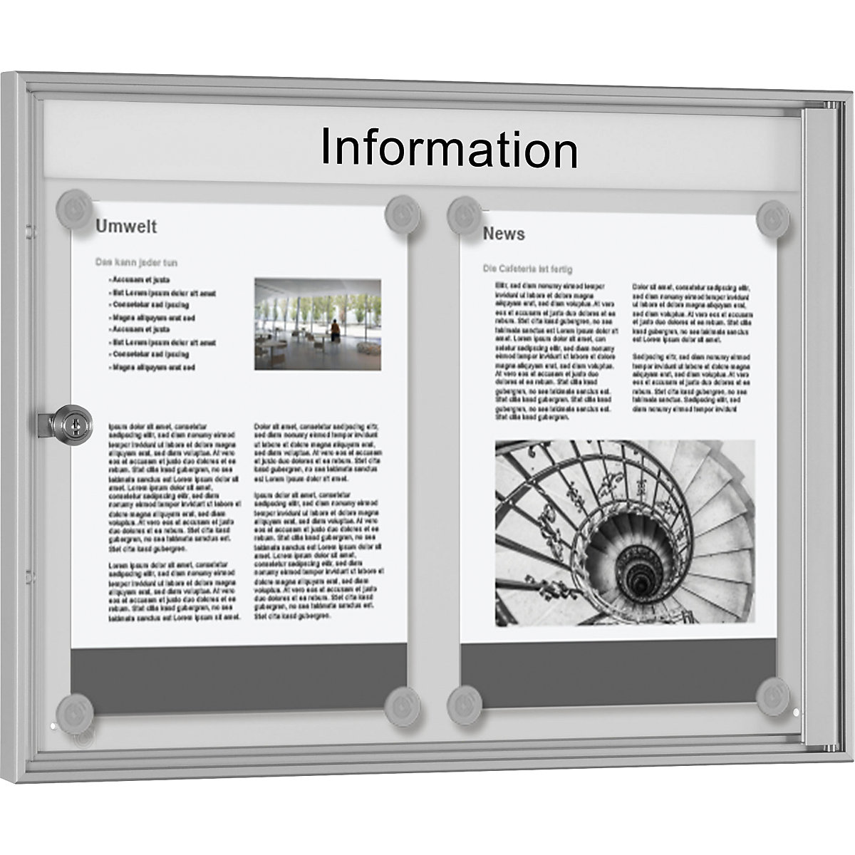 Informačná skrinka do interiéru, na formát 2 x 1 DIN A4, rám strieborný eloxovaný-3