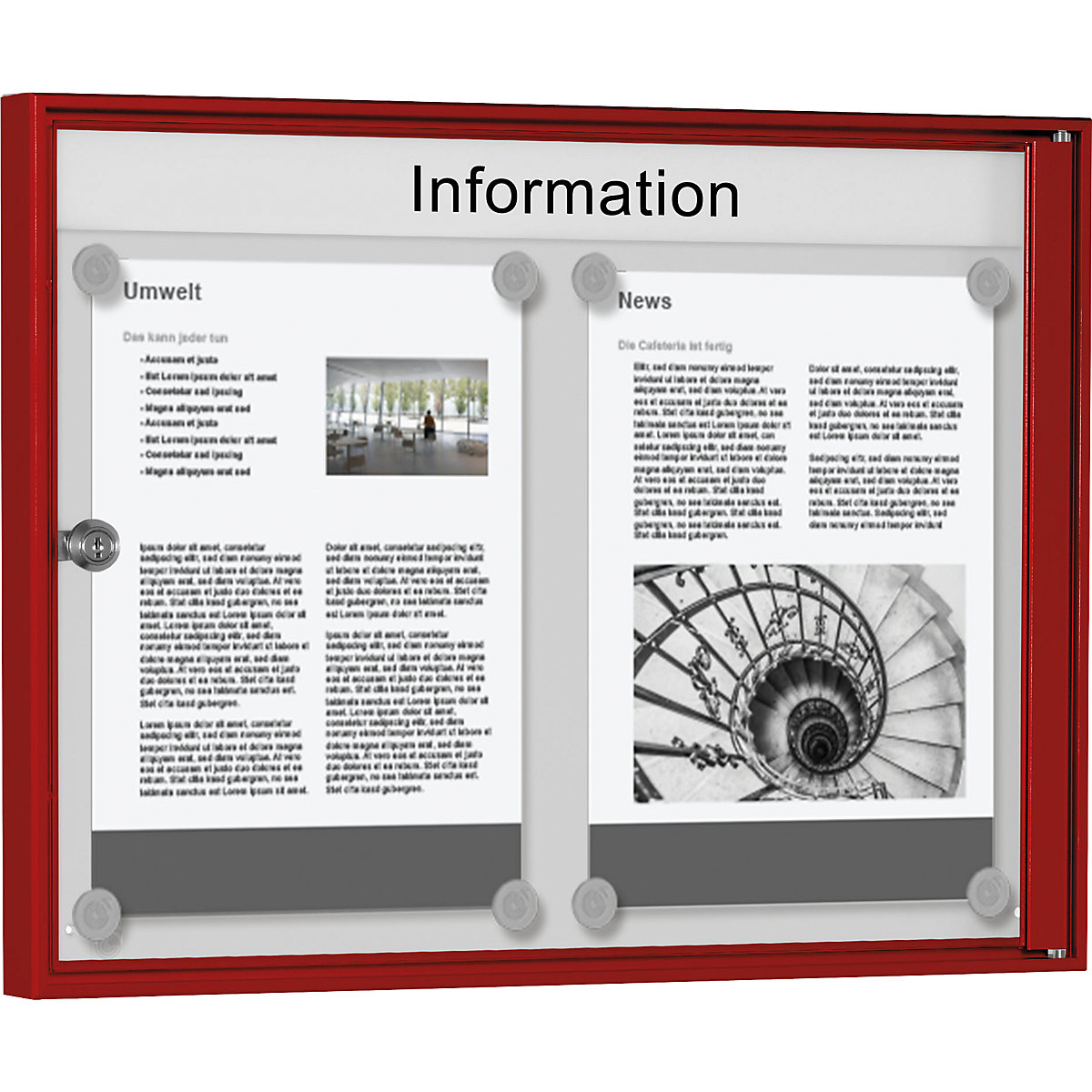 Informačná skrinka do interiéru, na formát 2 x 1 DIN A4, rám červený-6
