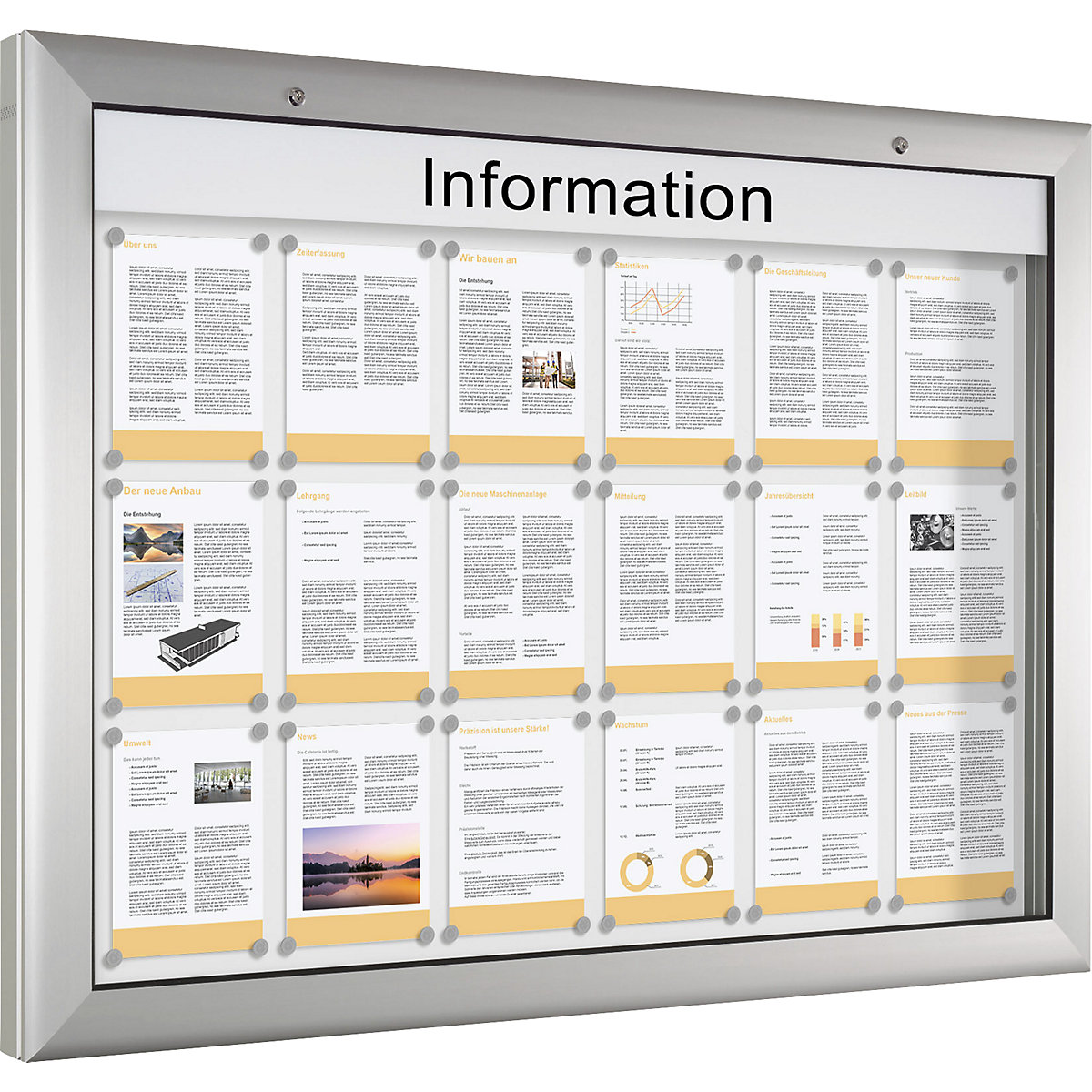 Informační skříňka, pro 18 x DIN A4, čistě bílá, otevírání 180° dolů