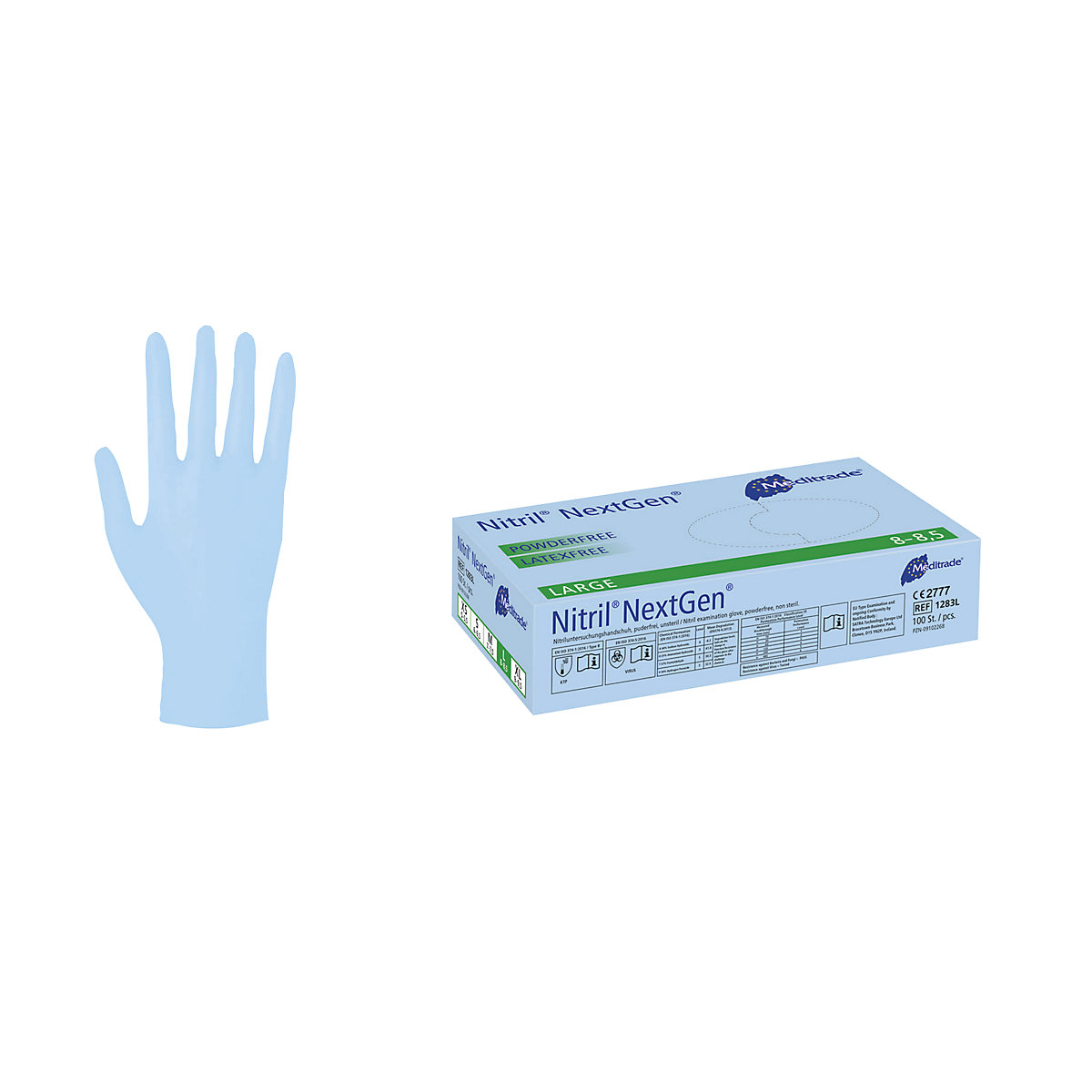 Nitrilne rokavice za enkratno uporabo Meditrade, DE 1000 kosov, primerno za uporabo z živili, modre barve, velikost L, od 3 DE-1