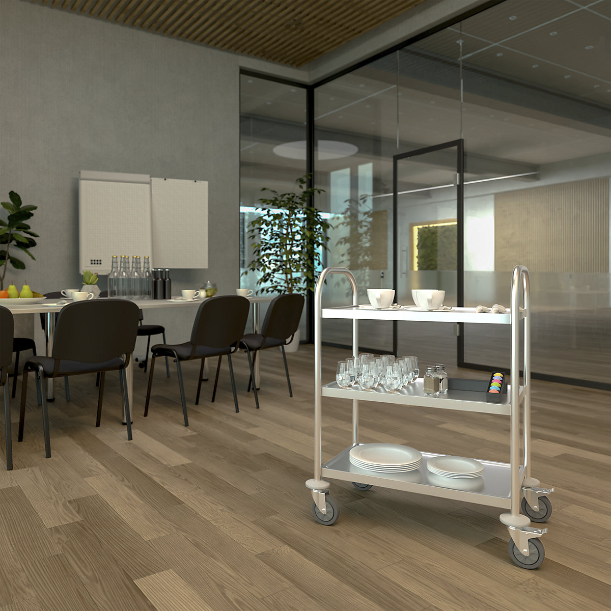 Cărucior din inox pentru servire – eurokraft basic (Imagine produs 2)-1