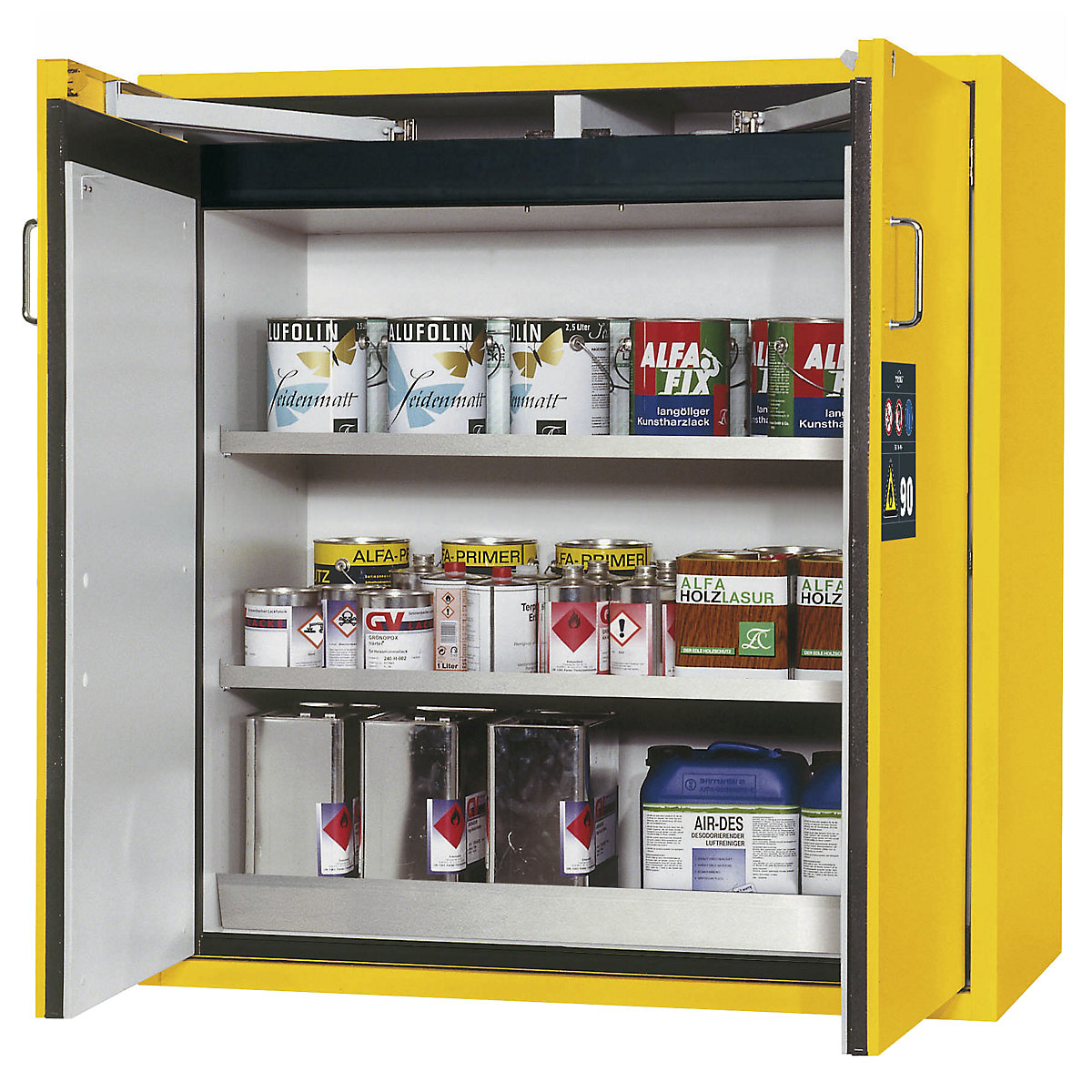 Ognjevarna omara tipa 90 za nevarne snovi – asecos, 2 vrat, zunanje mere VxŠxG 1298 x 1200 x 615 mm, rumena, nerjavno jeklo-6