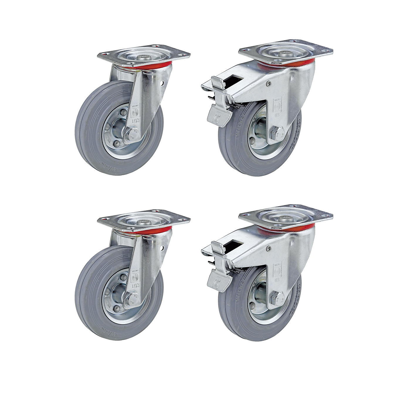 4 Stück: je 45kg, Bockrollen, 40mm Gummibelag, 02124 - Pro-Lift