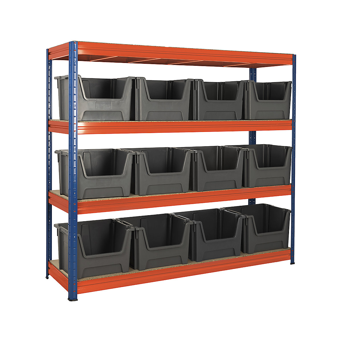 BiGDUG 500kg Industrial Shelving, BiGDUG 500kg Industrial Shelving, BiGDUG 500kg Industrial Shelving | 1970h x 2000w x 600d mm | 4 Levels | Blue & Orange | With 12x Large Grey Stacking Pick Bins | 500kg UDL-2