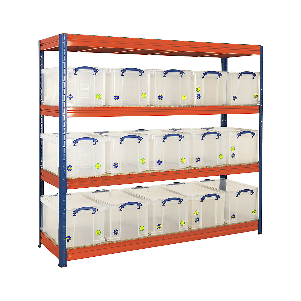 BiGDUG 500kg Industrial Shelving, BiGDUG 500kg Industrial Shelving, BiGDUG 500kg Industrial Shelving | 1970h x 2000w x 600d mm | 4 Levels | Blue & Orange | With 15x 48L Really Useful Boxes | 500kg UDL-1
