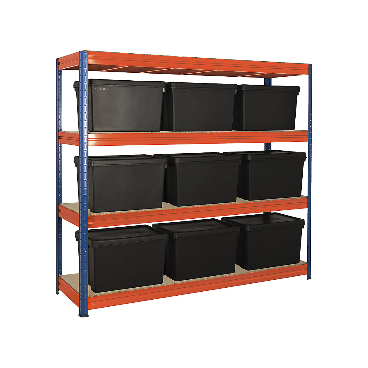 BiGDUG 500kg Industrial Shelving, BiGDUG 500kg Industrial Shelving, BiGDUG 500kg Industrial Shelving | 1970h x 2000w x 600d mm | 4 Levels | Blue & Orange | With 9x 62L Wham Bam Boxes | 500kg UDL-4