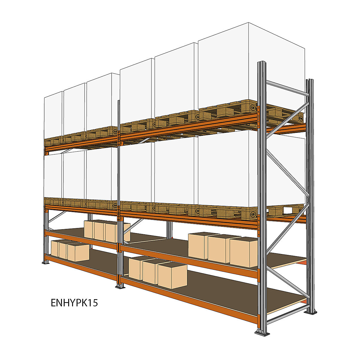 BiGDUG Pallet Racking Kits With Picking Levels, BiGDUG Pallet Racking Kits With Picking Levels, BiGDUG Pallet Racking Hybrid Kit, with 2x 18mm Chipboard Hand-Picking Levels, 3000h x 6965w x 1100d mm (Holds 12 EUR3 Pallets 1000h x 1000w x 1200d mm)-14