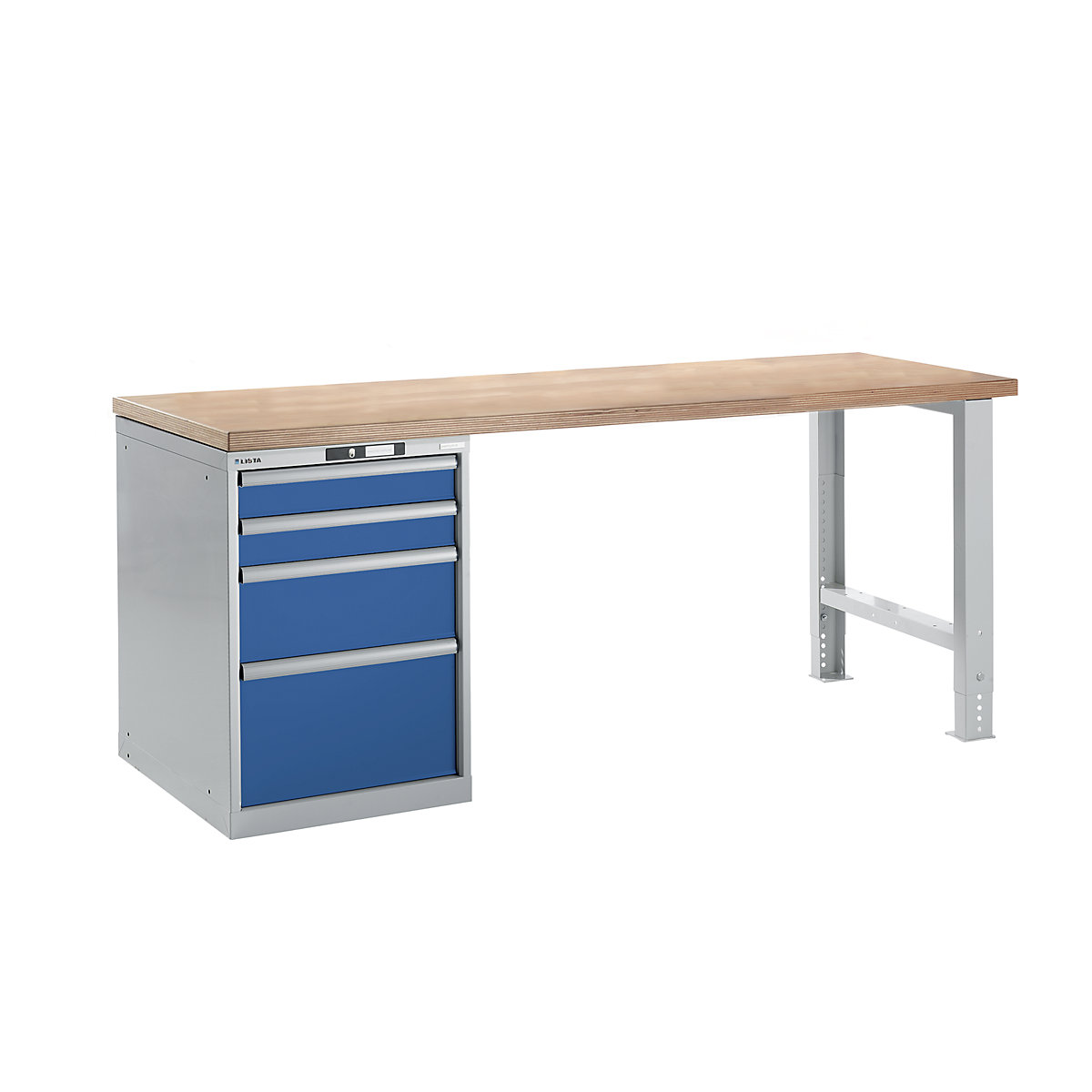 Radna klupa kao modularni sustav – LISTA, visina 840 mm, ormar za postavljanje ispod stola, 4 ladice, u encijan plavoj boji, širina stola 2000 mm-12