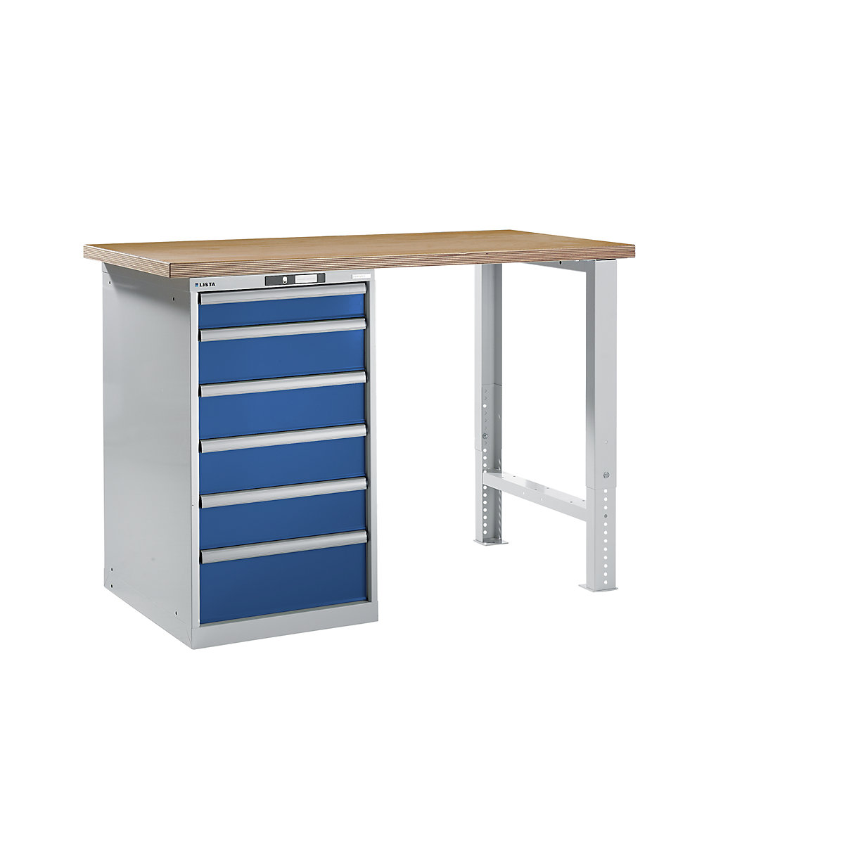 LISTA – Radna klupa kao modularni sustav, visina 1040 mm, ormar za postavljanje ispod stola, 6 ladice, u encijan plavoj boji, širina stola 1500 mm