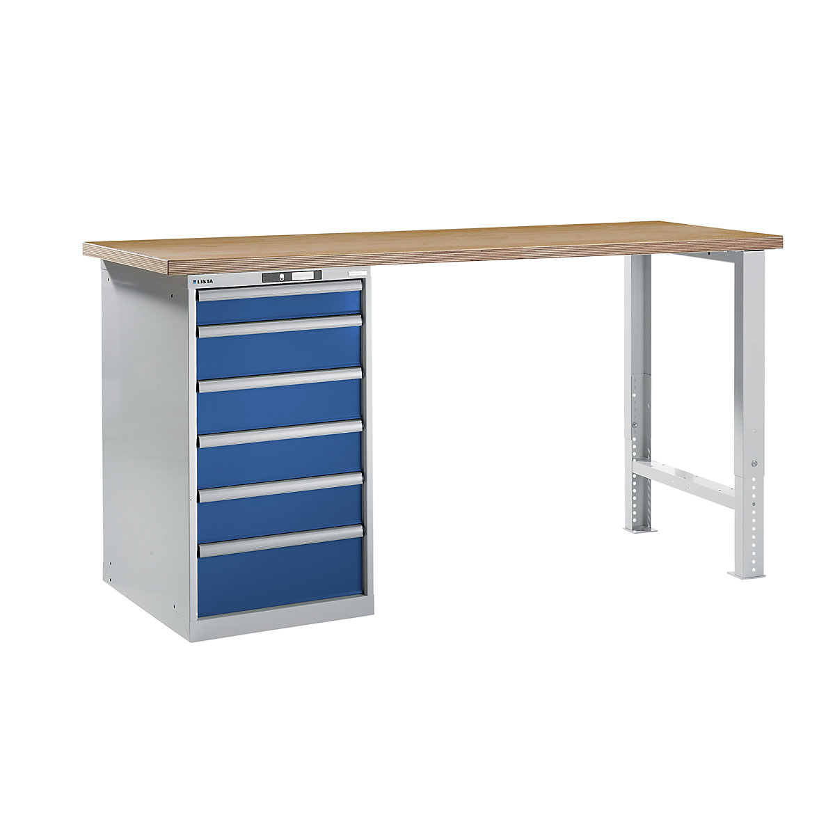 LISTA – Radna klupa kao modularni sustav, visina 1040 mm, ormar za postavljanje ispod stola, 6 ladice, u encijan plavoj boji, širina stola 2000 mm