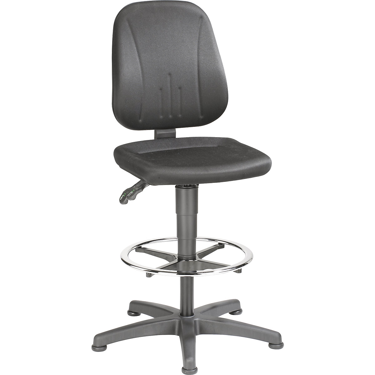 Okretni radni stolac – bimos, s namještanjem visine pomoću plinske opruge, presvlaka od tkanine, u crnoj boji, s podnim vodilicama i nožnim obručem-8