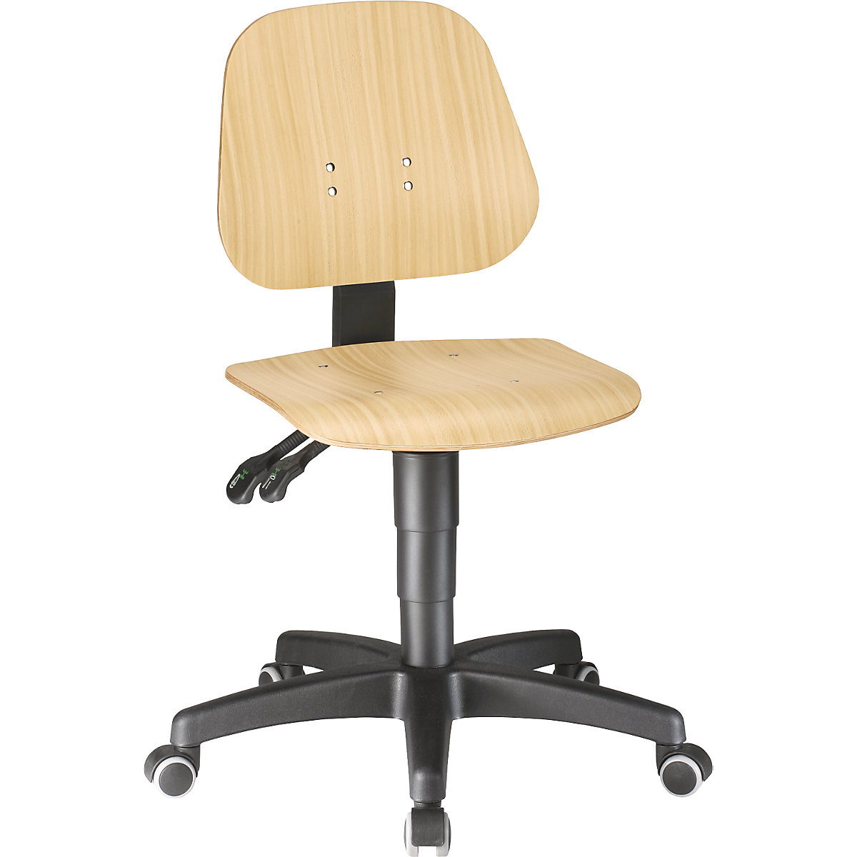 Okretni radni stolac – bimos, s namještanjem visine pomoću plinske opruge, slojevito drvo bukve, s kotačima-1