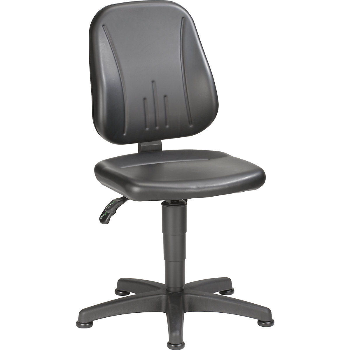 Okretni radni stolac – bimos, s namještanjem visine pomoću plinske opruge, presvlaka od umjetne kože, u crnoj boji, s podnim vodilicama-2