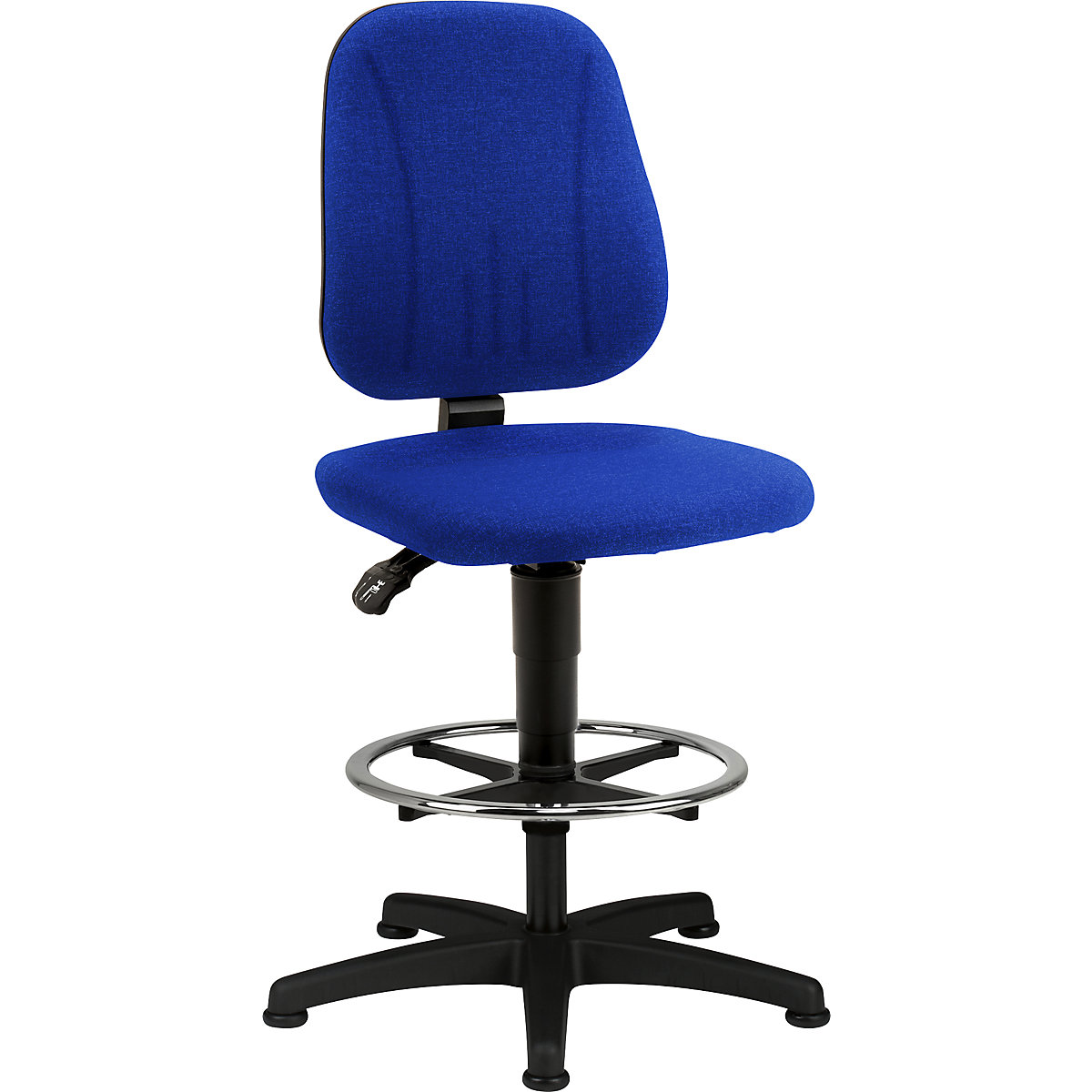 Okretni radni stolac – bimos, s namještanjem visine pomoću plinske opruge, presvlaka od tkanine, u plavoj boji, s podnim vodilicama i nožnim obručem-7