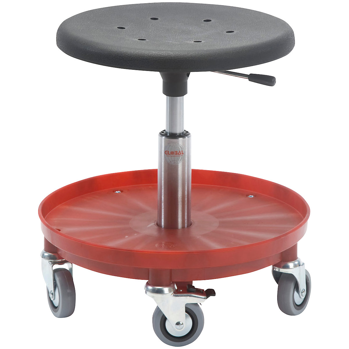 Montažni stolac s površinom za odlaganje, namještanje visine pomoću plinske opruge 370 – 500 mm, u crvenoj boji