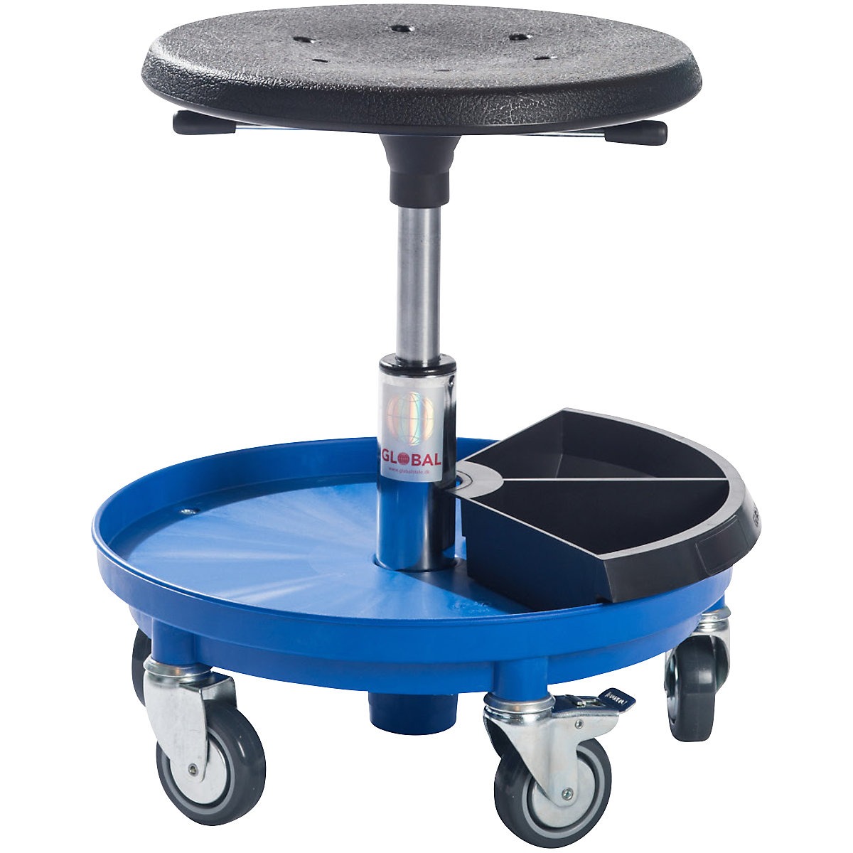 Montažni stolac s površinom za odlaganje, namještanje visine pomoću plinske opruge 370 – 500 mm, u plavoj boji