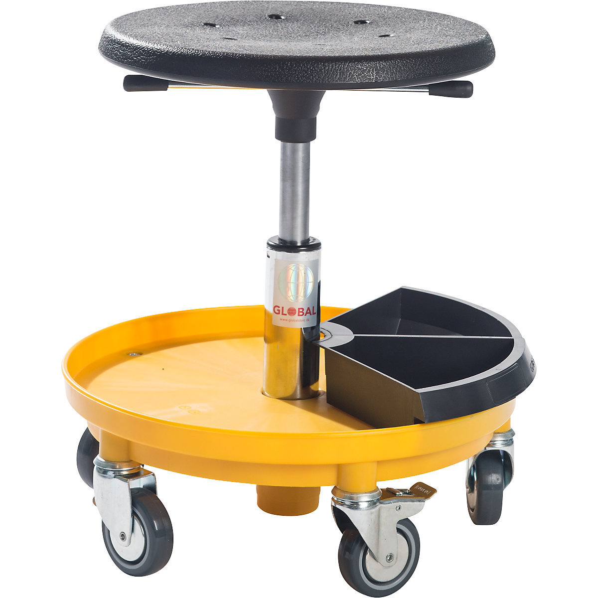 Montažni stolac s površinom za odlaganje, namještanje visine pomoću plinske opruge 370 – 500 mm, u žutoj boji
