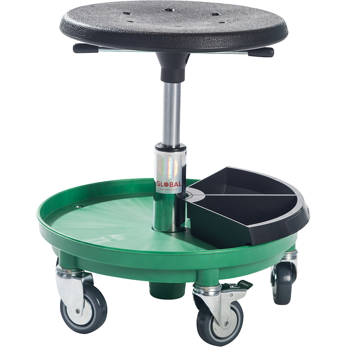 Montažni stolac s površinom za odlaganje, namještanje visine pomoću plinske opruge 370 – 500 mm, u zelenoj boji
