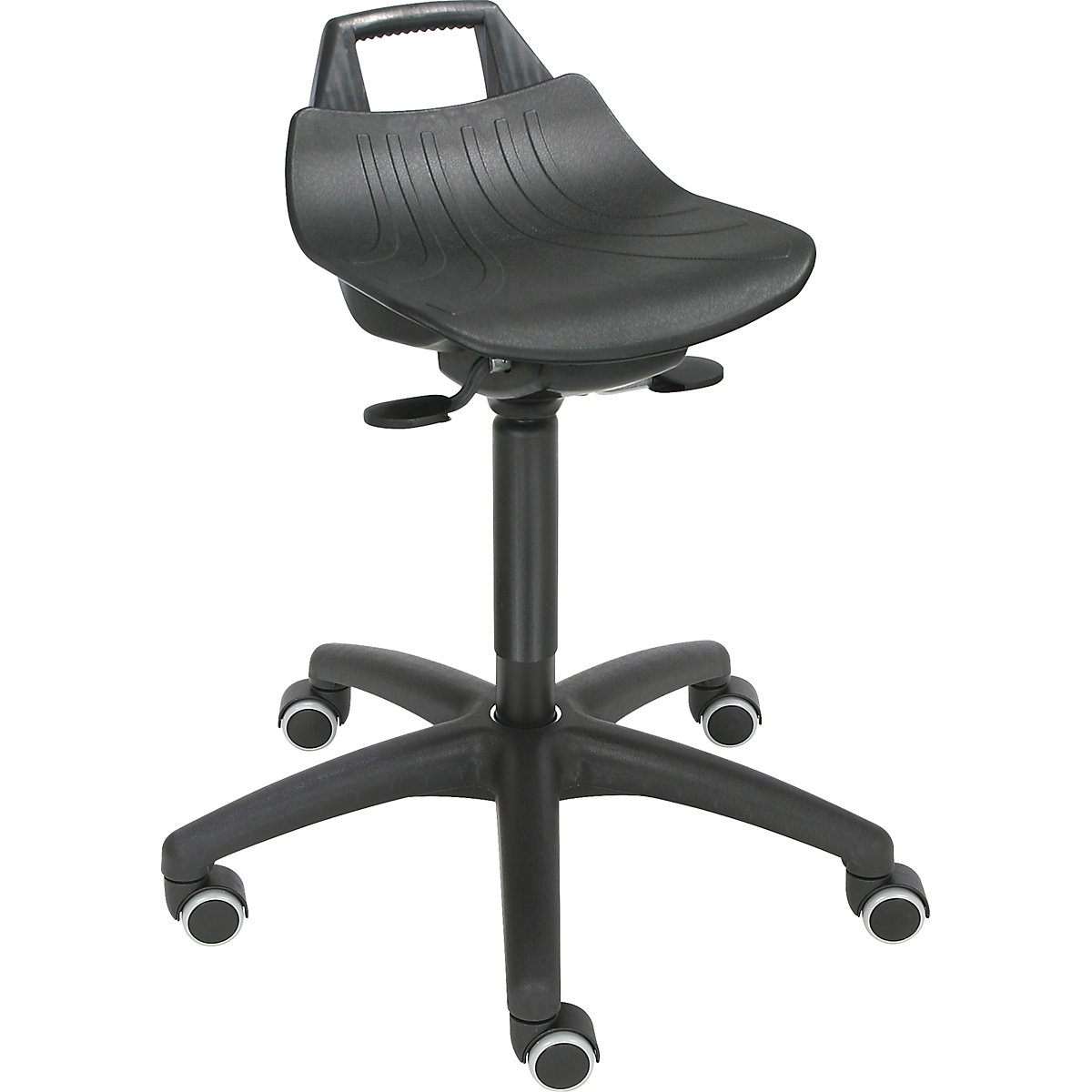Radni stolac s mogućnošću namještanja visine pomoću plinskih opruga, s kotačima, sjedalo od čvrste plastike u crnoj boji-3