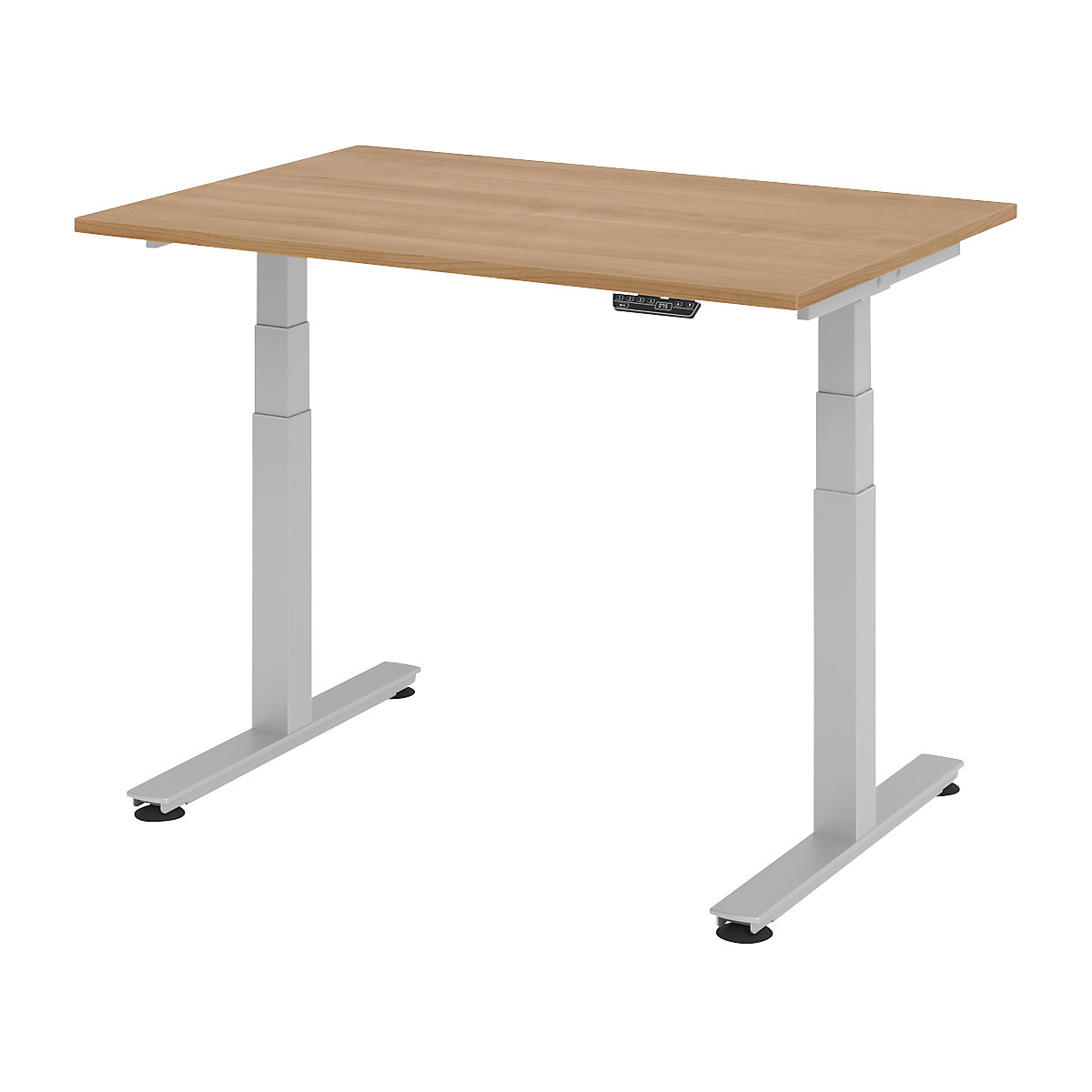 Stôl na písanie v stoji, elektricky výškovo prestaviteľný UPLINER-2.0, podstavec s nohou v tvare T, šírka 1200 mm, vzor orech-21