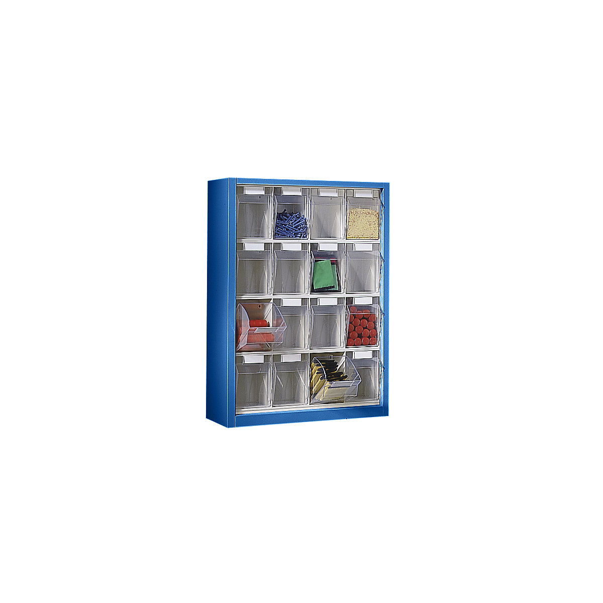 Felakasztható szekrény billenő dobozokhoz, ma x szé x mé 910 x 665 x 250 mm, 16 ládával, a ház színe enciánkék-2