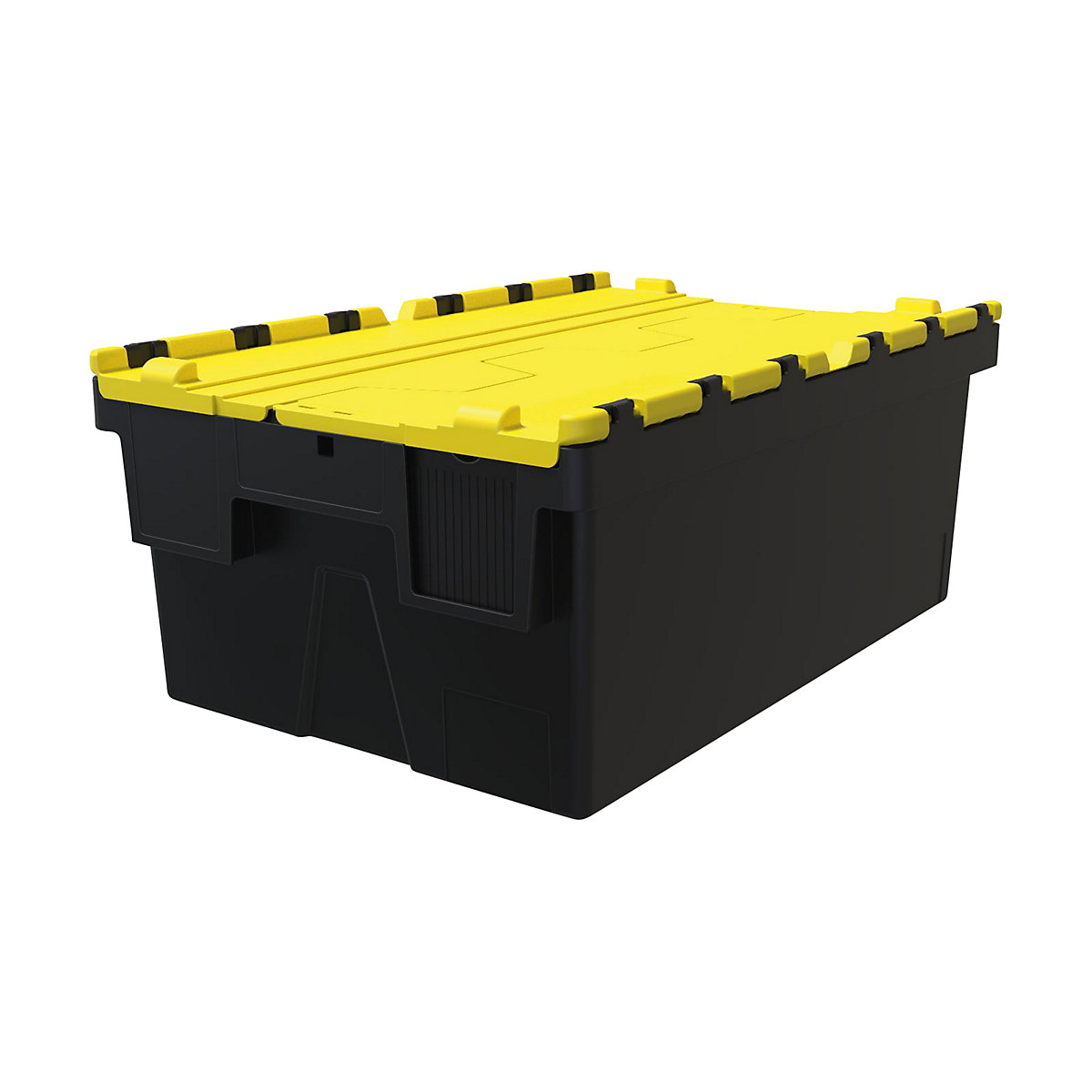 Többször használható rakásolható tároló, h x szé x ma 600 x 400 x 250 mm, cs. e. 5 db, fekete színben, sárga fedéllel