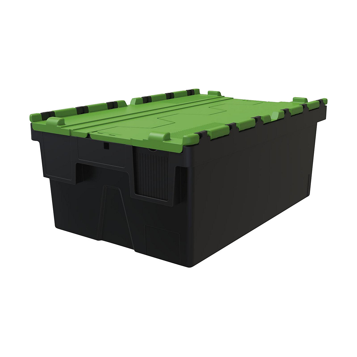 Többször használható rakásolható tároló, h x szé x ma 600 x 400 x 250 mm, cs. e. 5 db, fekete színben, zöld fedéllel