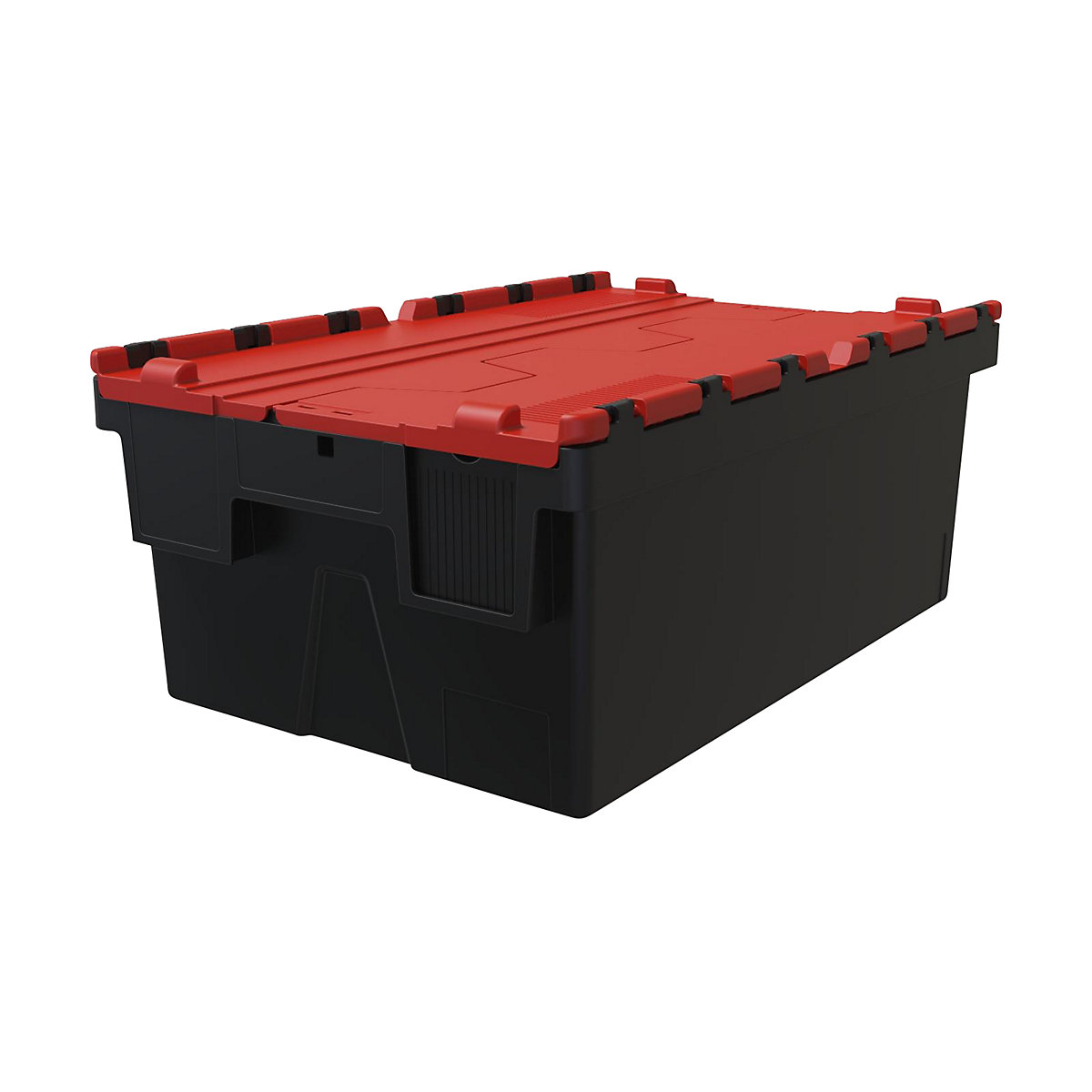 Többször használható rakásolható tároló, h x szé x ma 600 x 400 x 250 mm, cs. e. 5 db, fekete színben, piros fedéllel