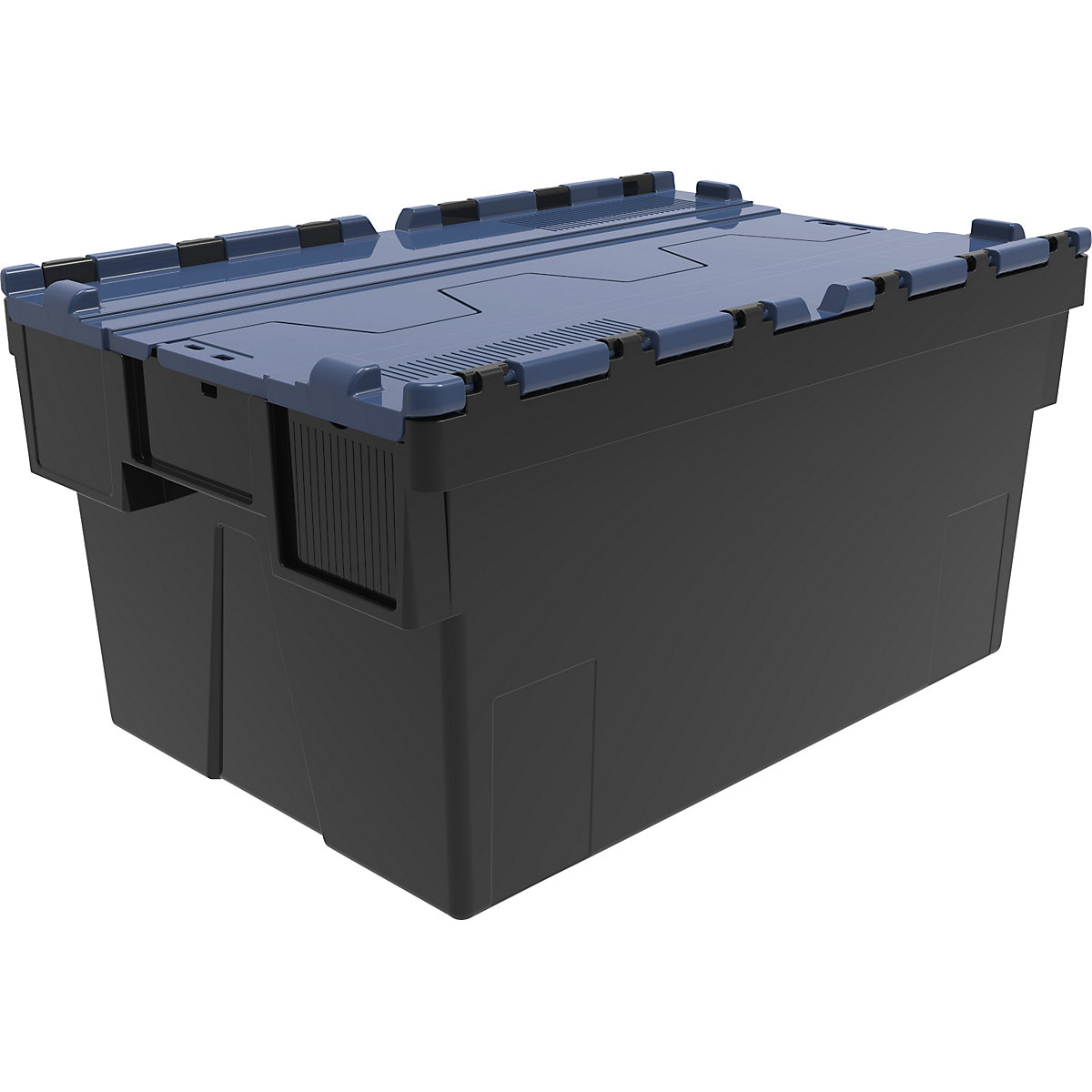 Többször használható rakásolható tároló, h x szé x ma 600 x 400 x 310 mm, cs. e. 5 db, fekete színben, kék fedéllel