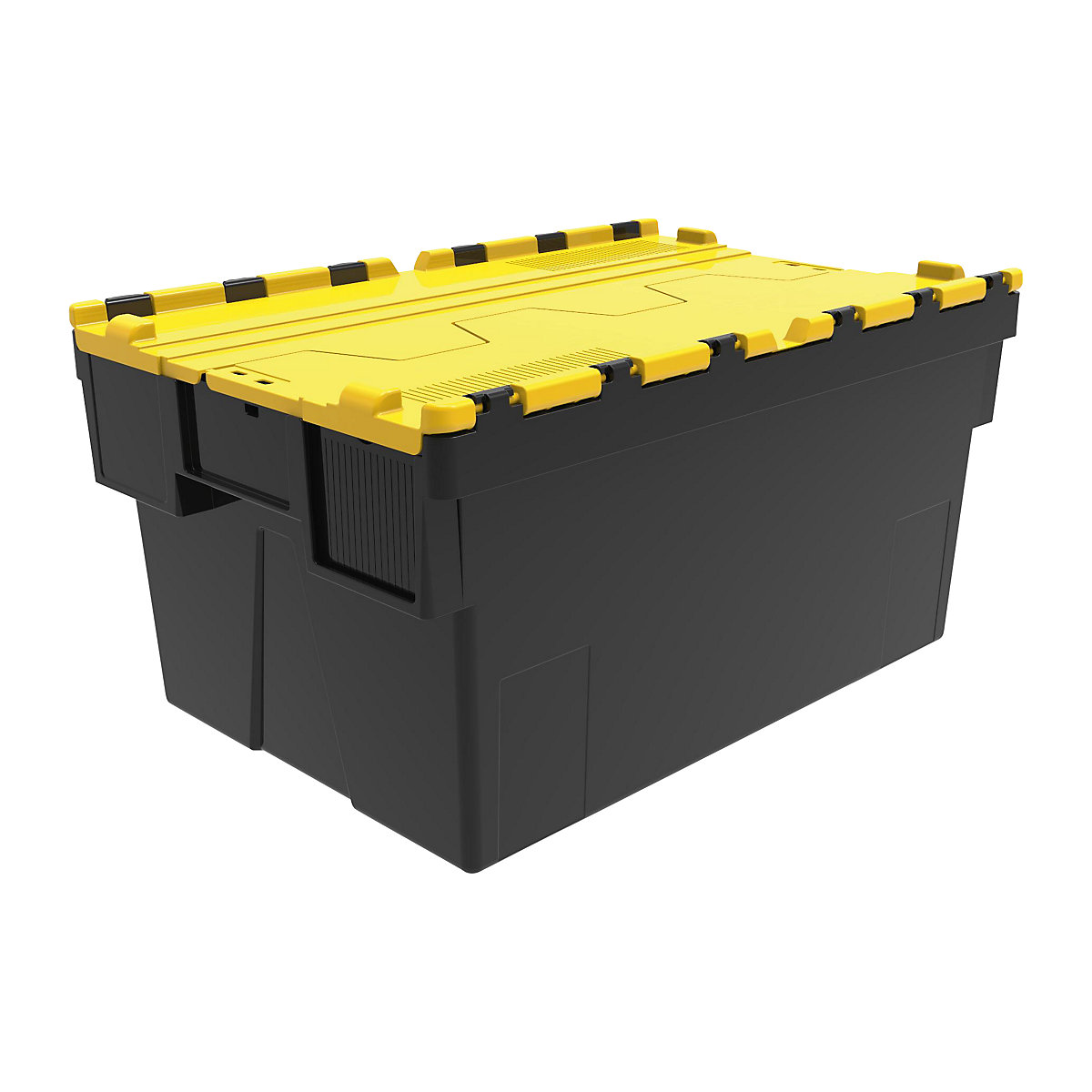 Többször használható rakásolható tároló, h x szé x ma 600 x 400 x 310 mm, cs. e. 5 db, fekete színben, sárga fedéllel