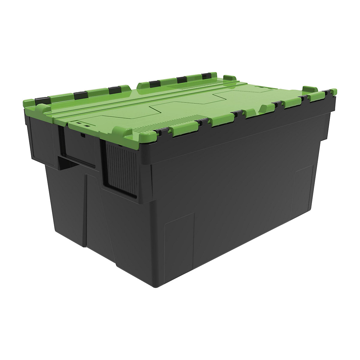 Többször használható rakásolható tároló, h x szé x ma 600 x 400 x 310 mm, cs. e. 5 db, fekete színben, zöld fedéllel